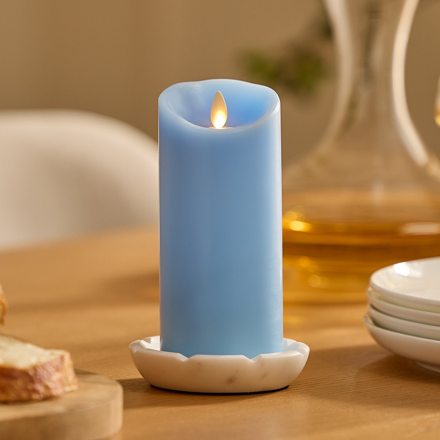 Airy Blue Flameless Candle Pillar - Scallop Top - 3" Width
