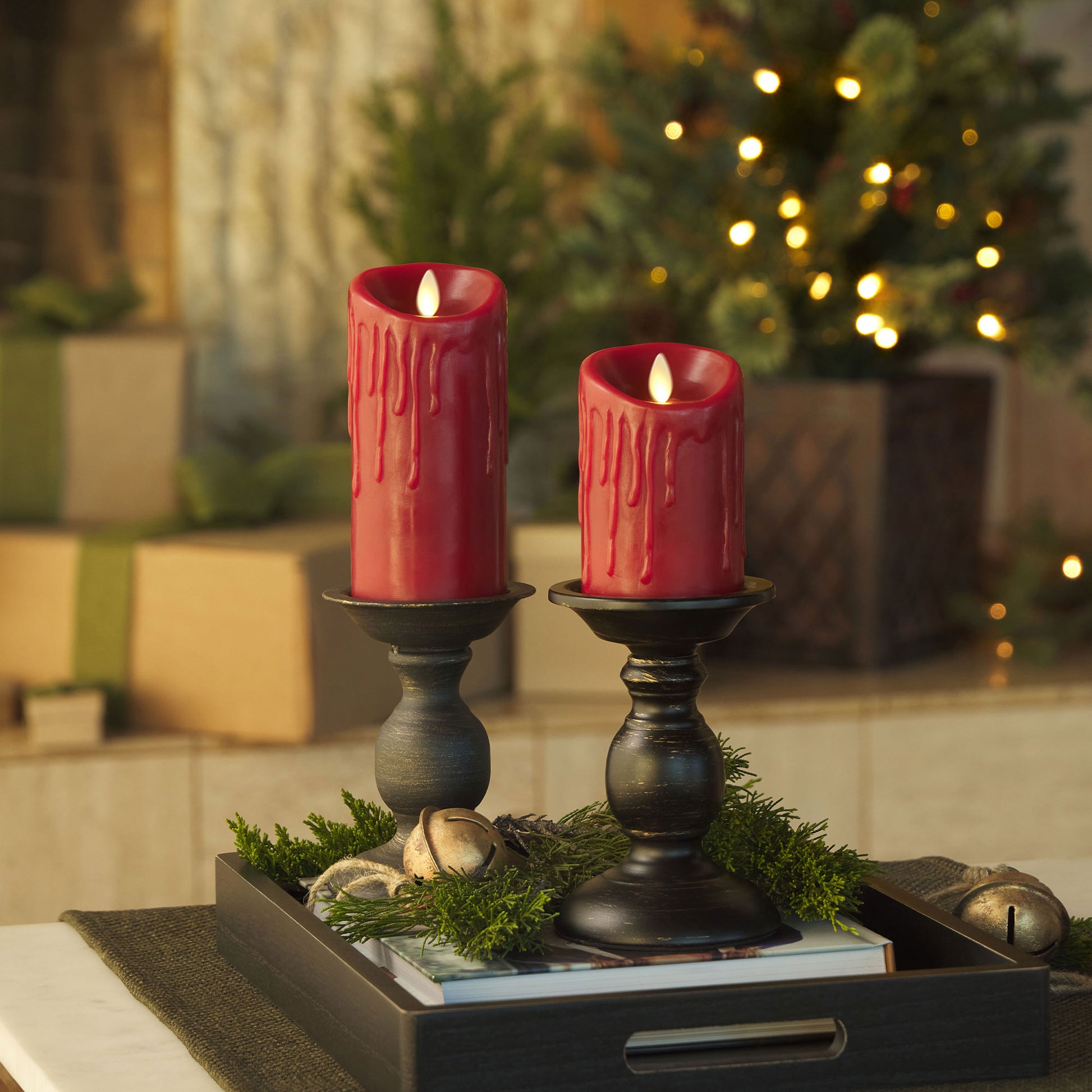 Burgundy Wax Drip Flameless Candle Pillar - Scallop Top