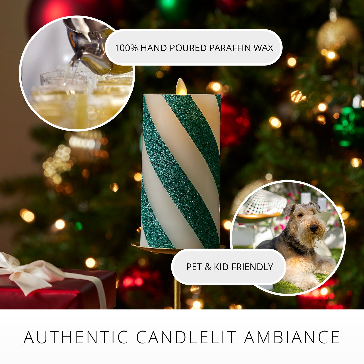 Green Candy Cane Wide Glitter Stripe Flameless Candle Pillar