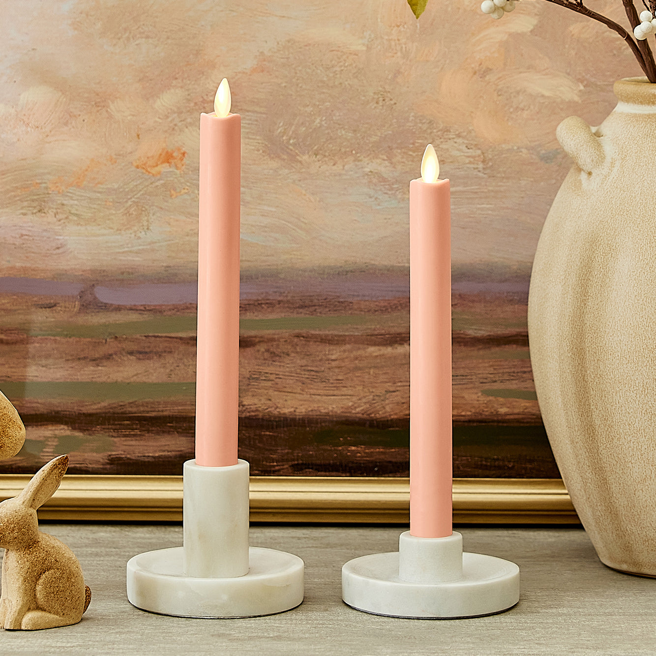 Mellow Peach Flameless Candle Tapers - Melted Top - 9.5" Height - Set of 2