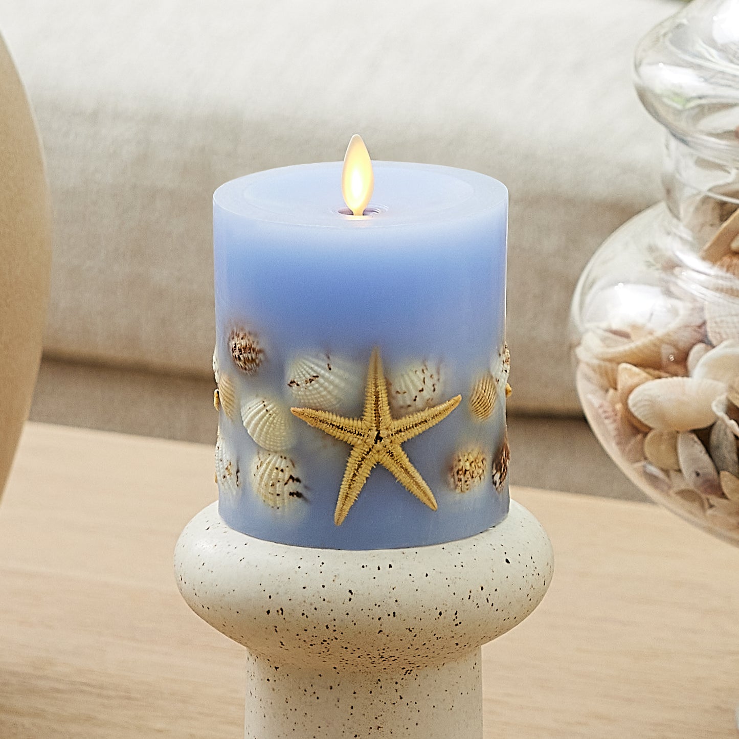 Cornflower Embedded Seashell & Starfish Flameless Candle Pillar