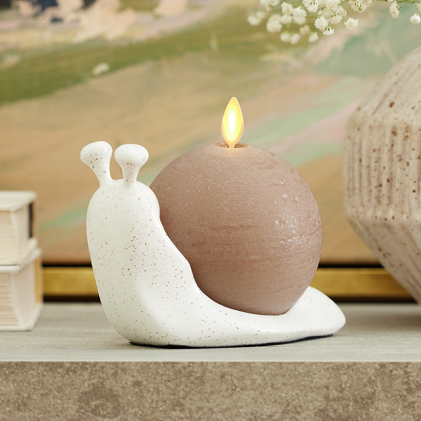 Snail Candle Holder + Timeless Taupe Chalky Flameless Candle Sphere