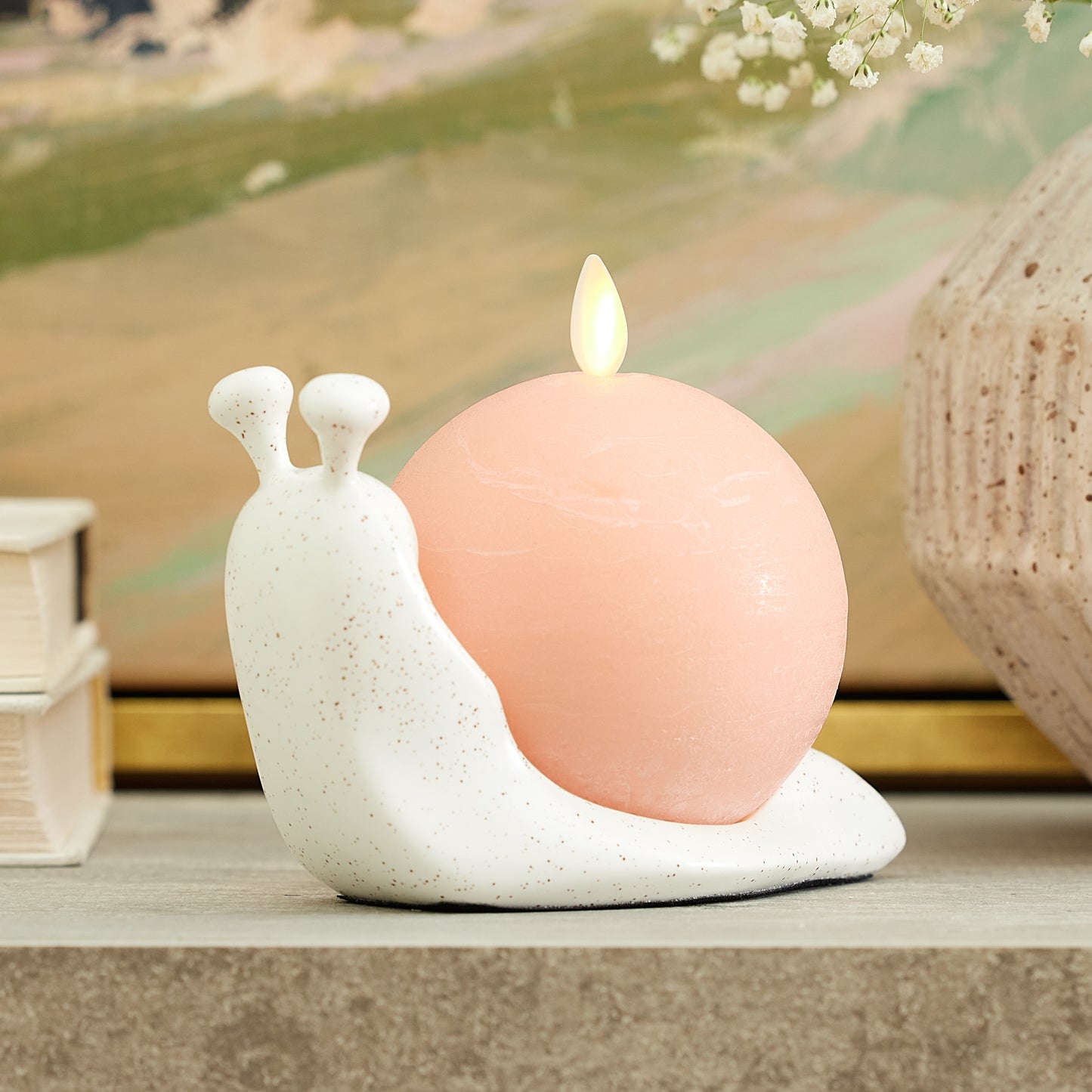 White Speckled Ceramic Snail Candle Holder for Spring Flameless Candle Spheres