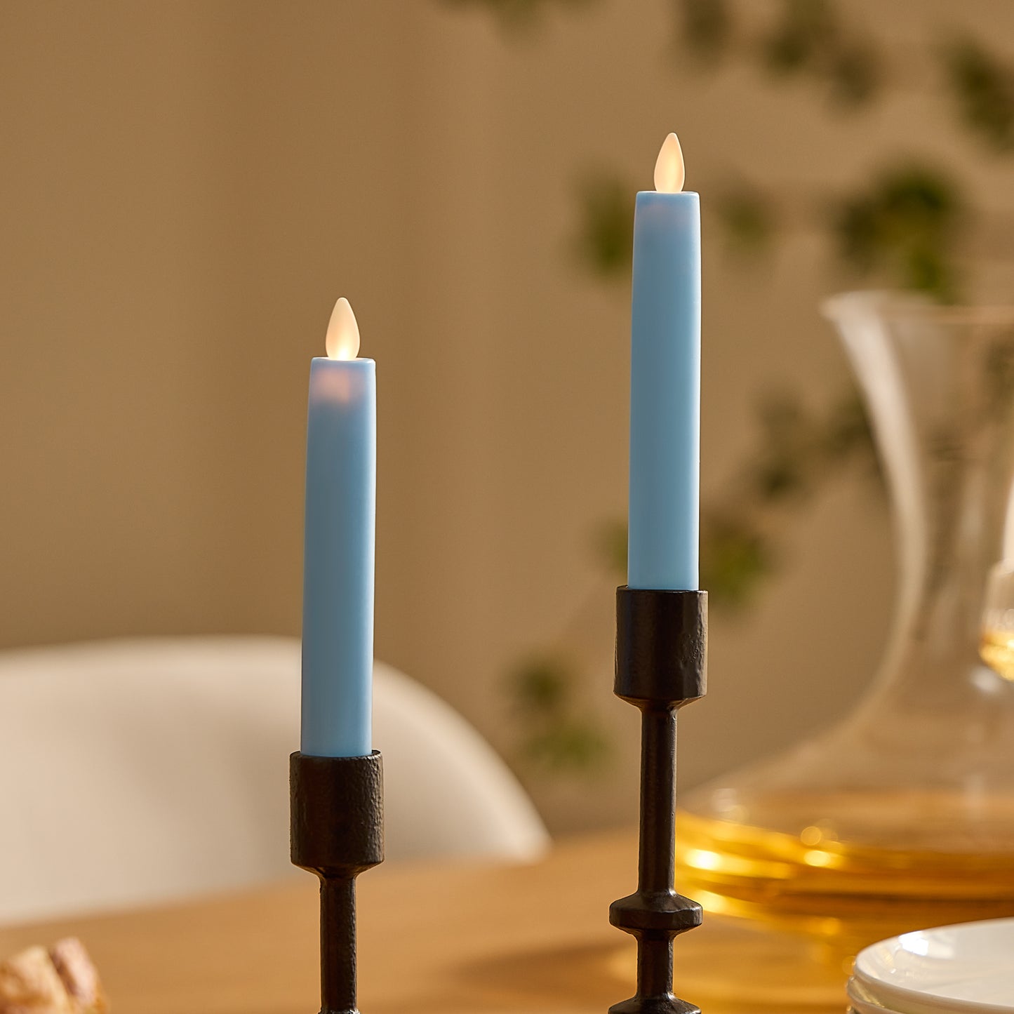 Airy Blue Flameless Candle Tapers - Flat Top - 6.75" Height - Set of 2