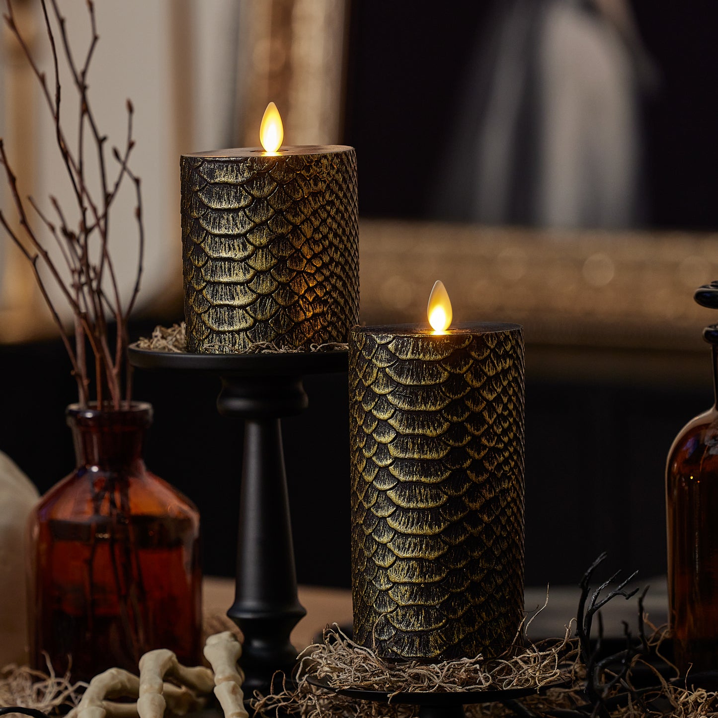 Black and Gold Snakeskin Flameless Candle Pillar