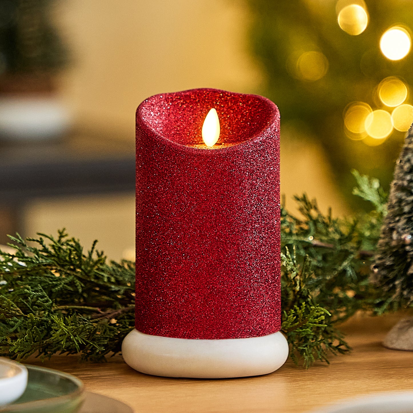 Holiday Red Glitter Flameless Candle Pillar
