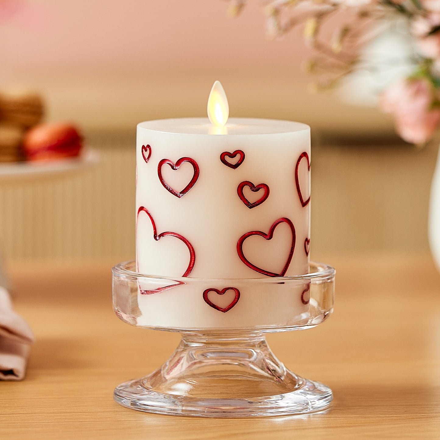 White Porcelain with Metallic Red Hearts Flameless Candle Pillar