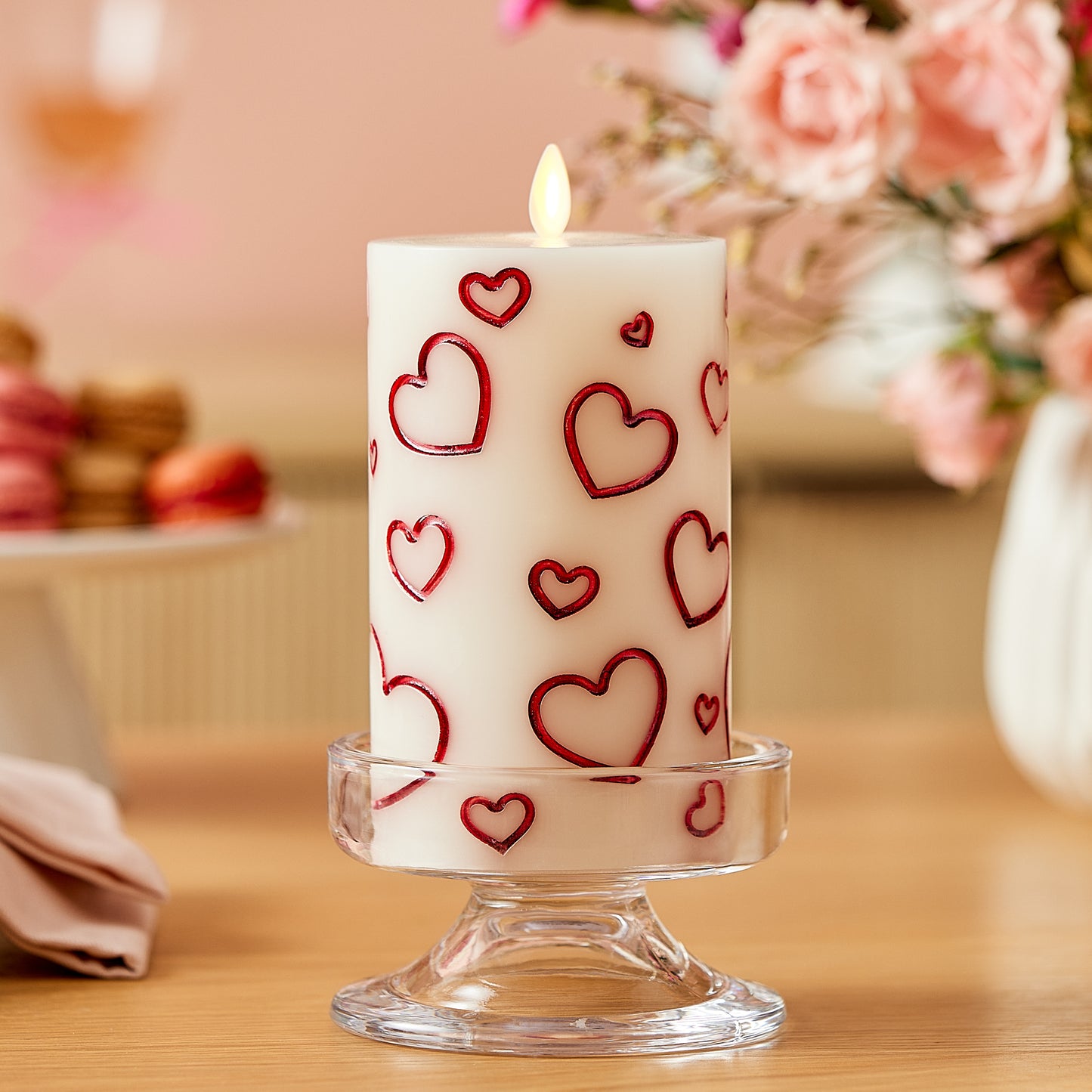 White Porcelain with Metallic Red Hearts Flameless Candle Pillar