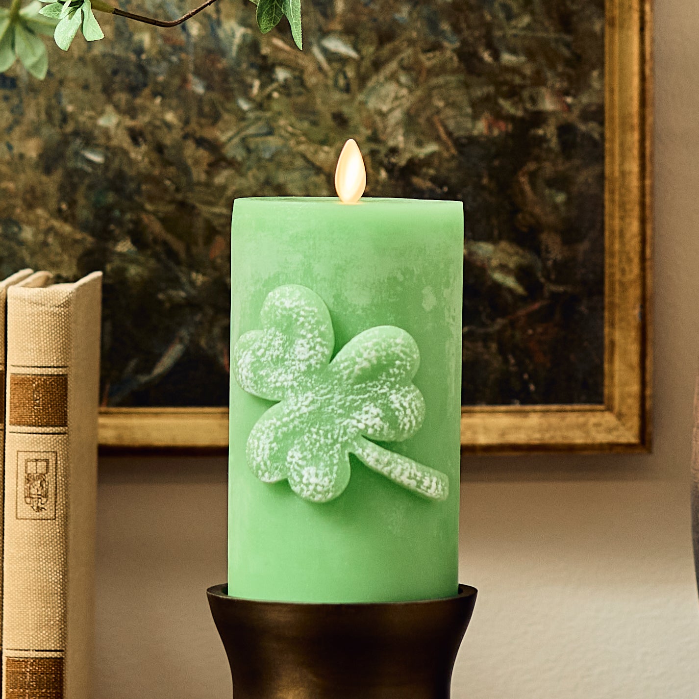 Lucky Green Flameless Candle Shamrock Pillar