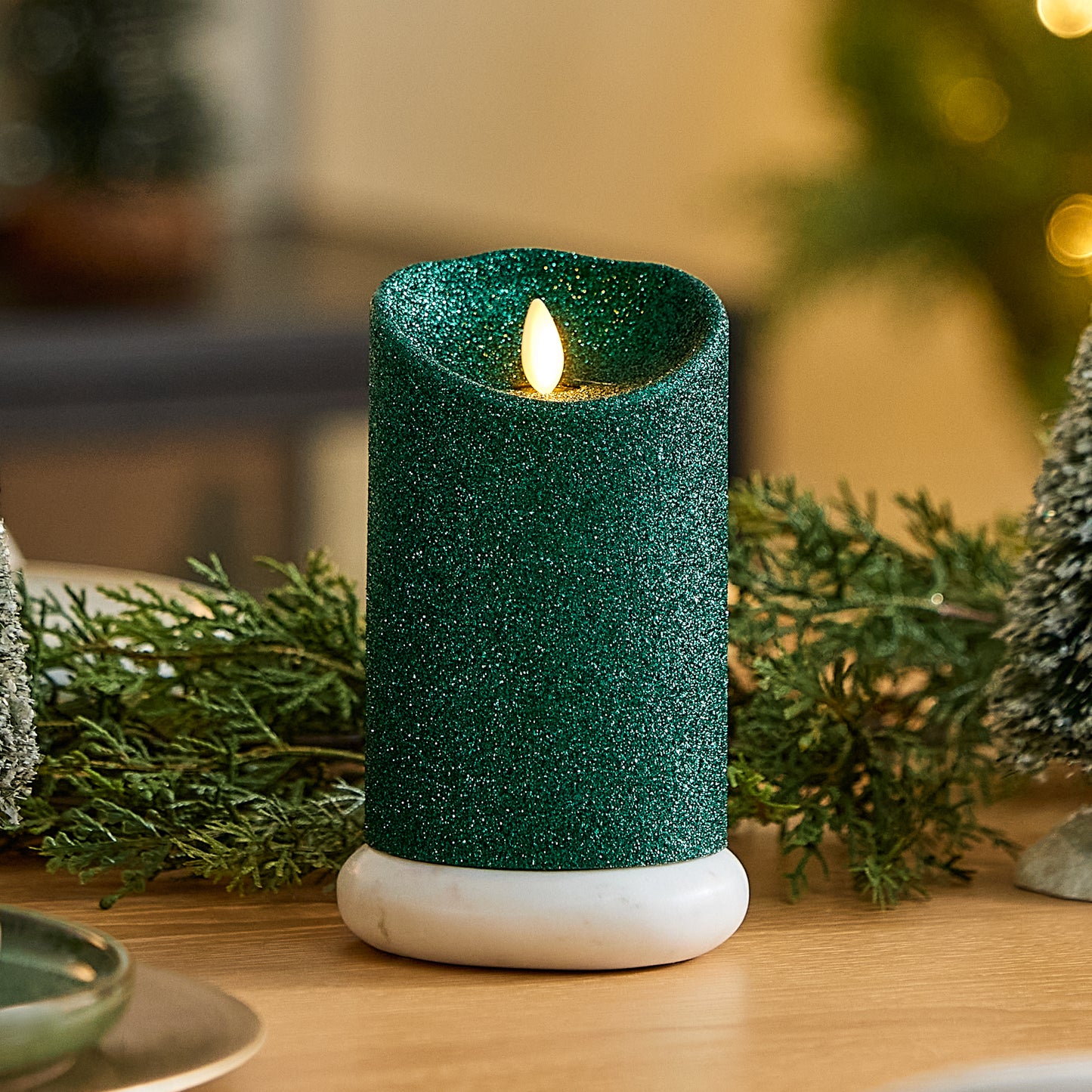 Holiday Green Glitter Flameless Candle Pillar