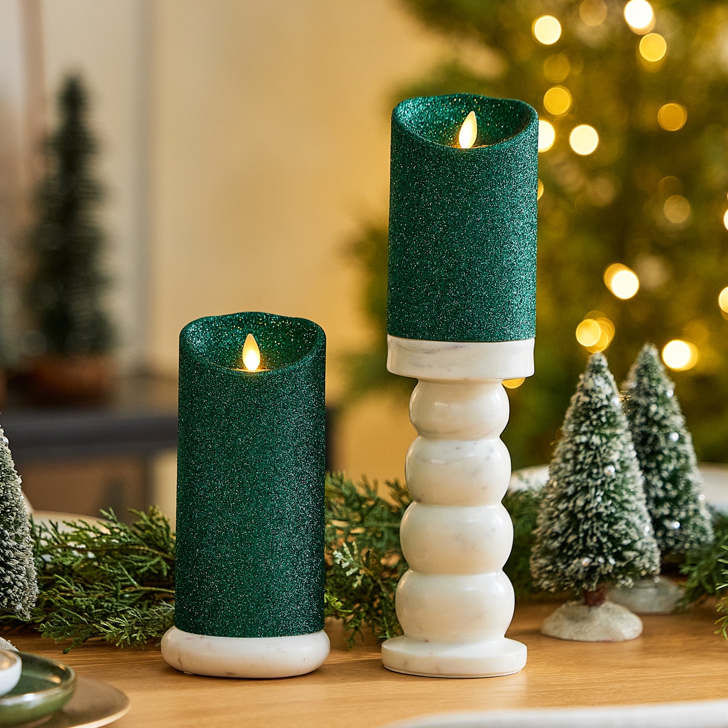Holiday Green Glitter Flameless Candle Pillar