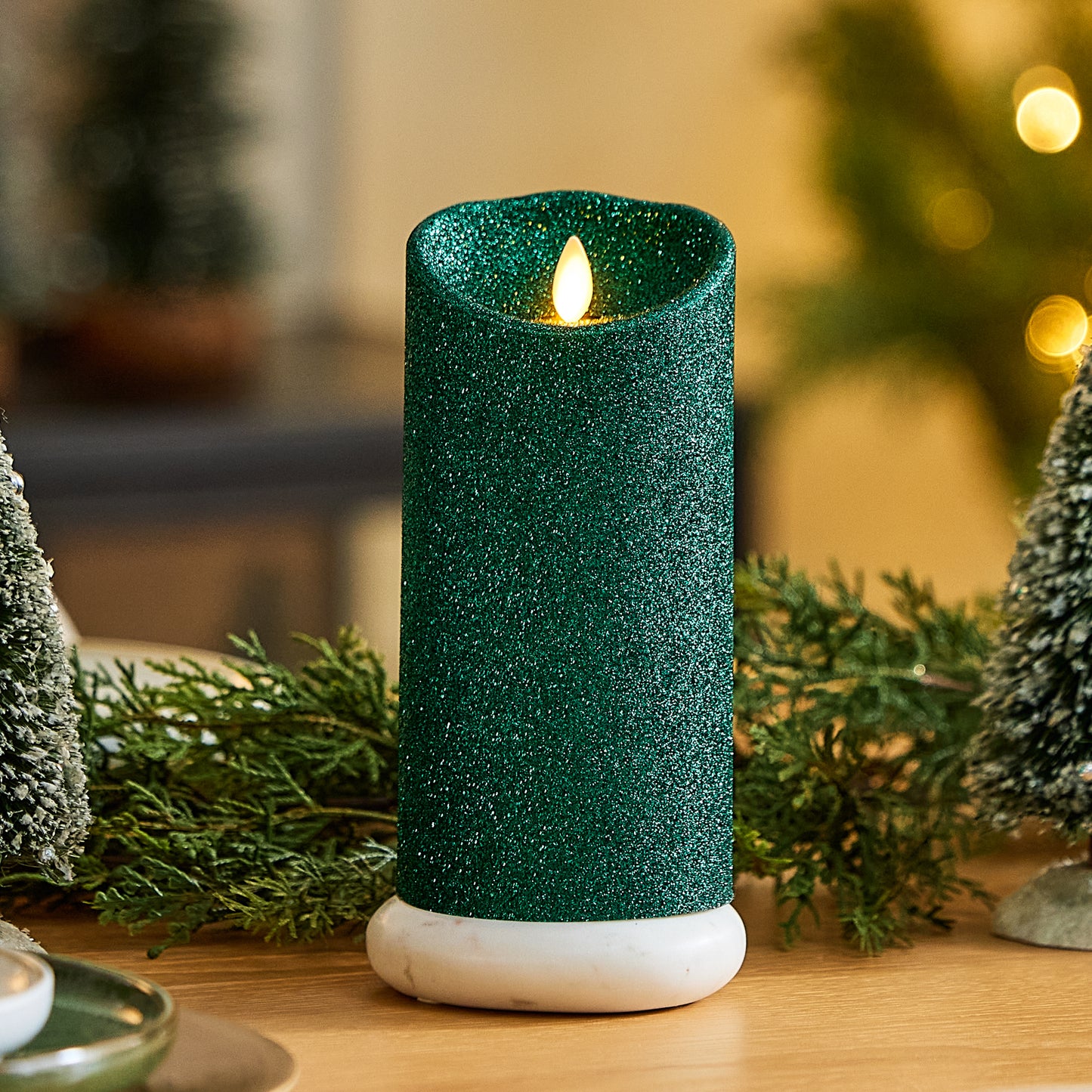 Holiday Green Glitter Flameless Candle Pillar