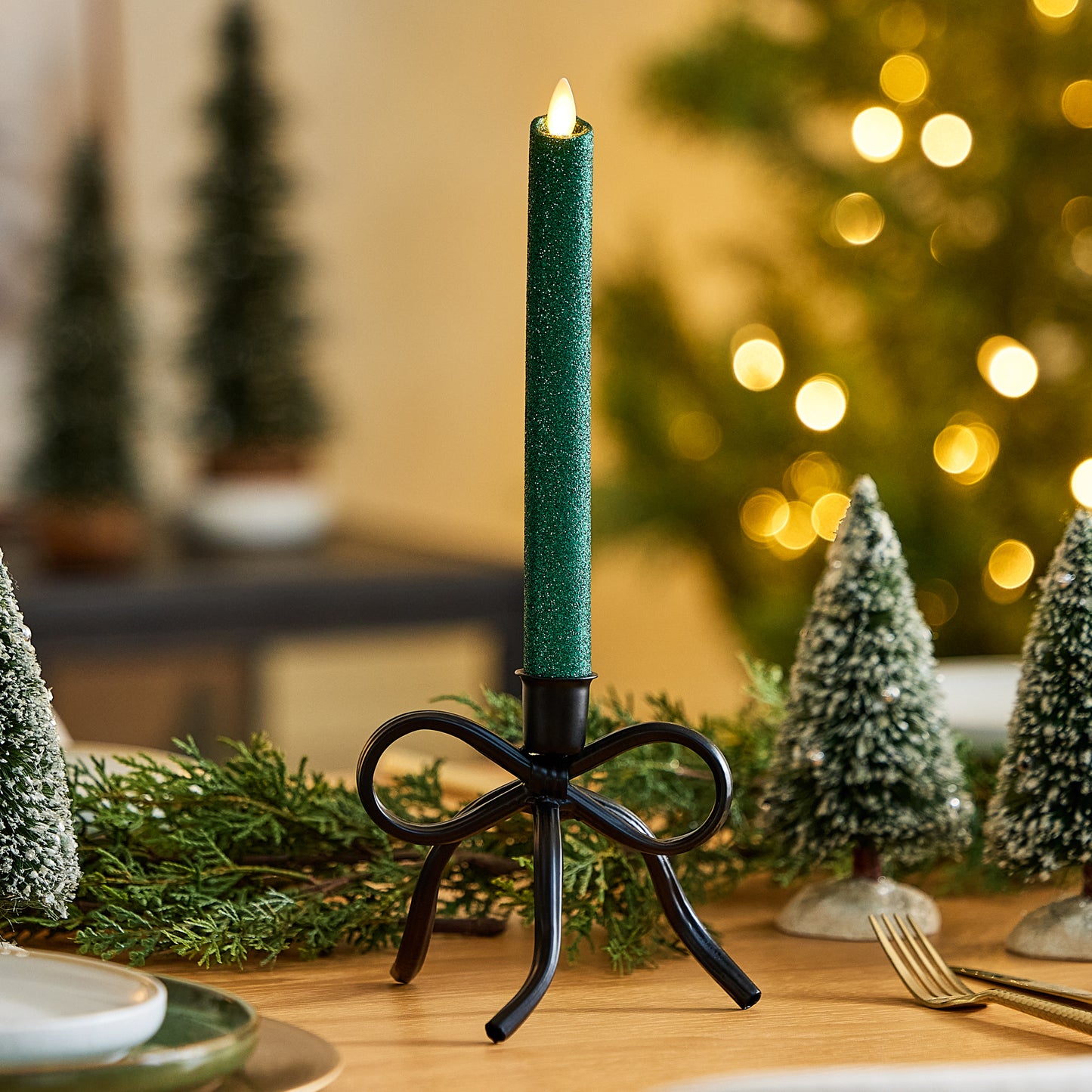 Holiday Green Glitter Flameless Candle Taper