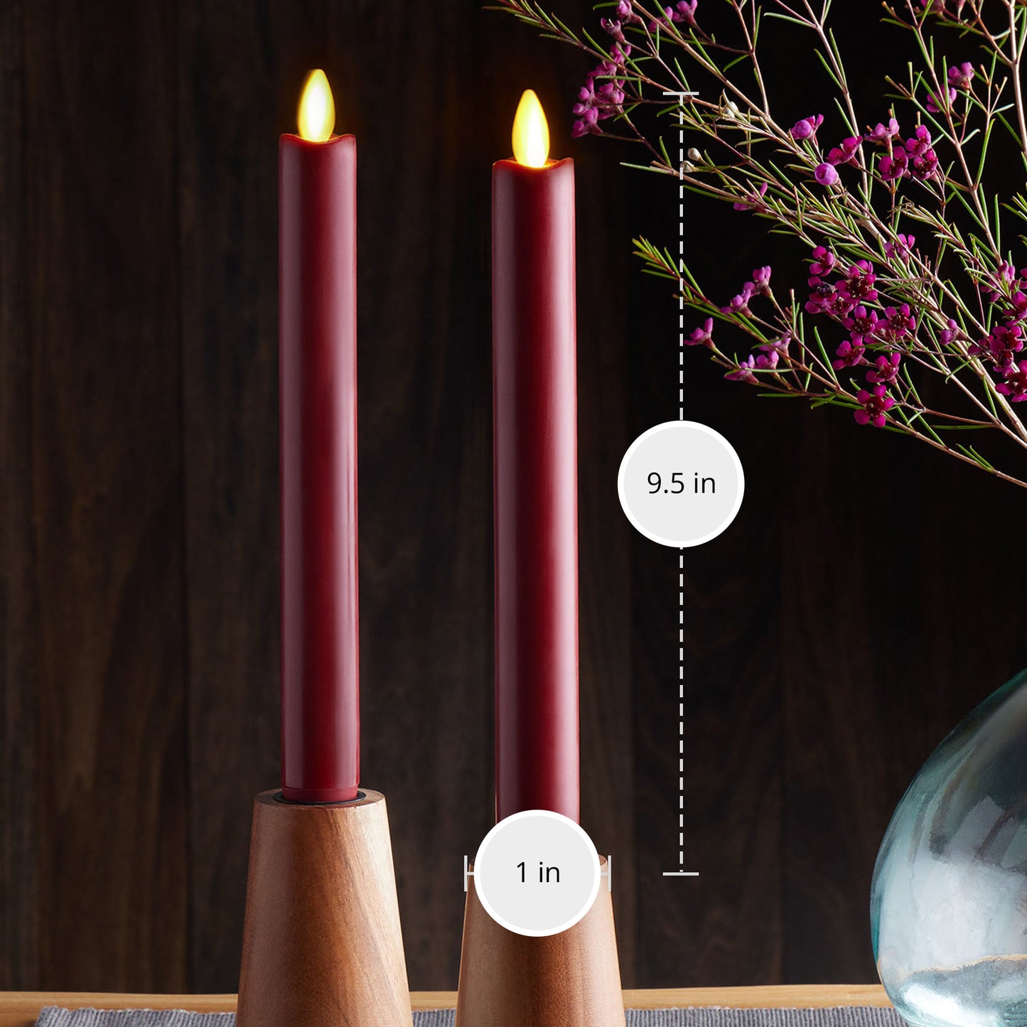 Burgundy Flameless Candle Tapers - Melted Top - 9.5" Height - Set of 2