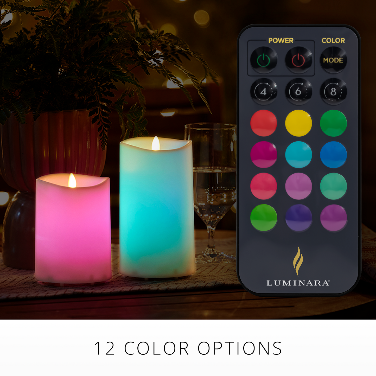 an image of a Luminara flameless candle remote, demonstrating the many color options