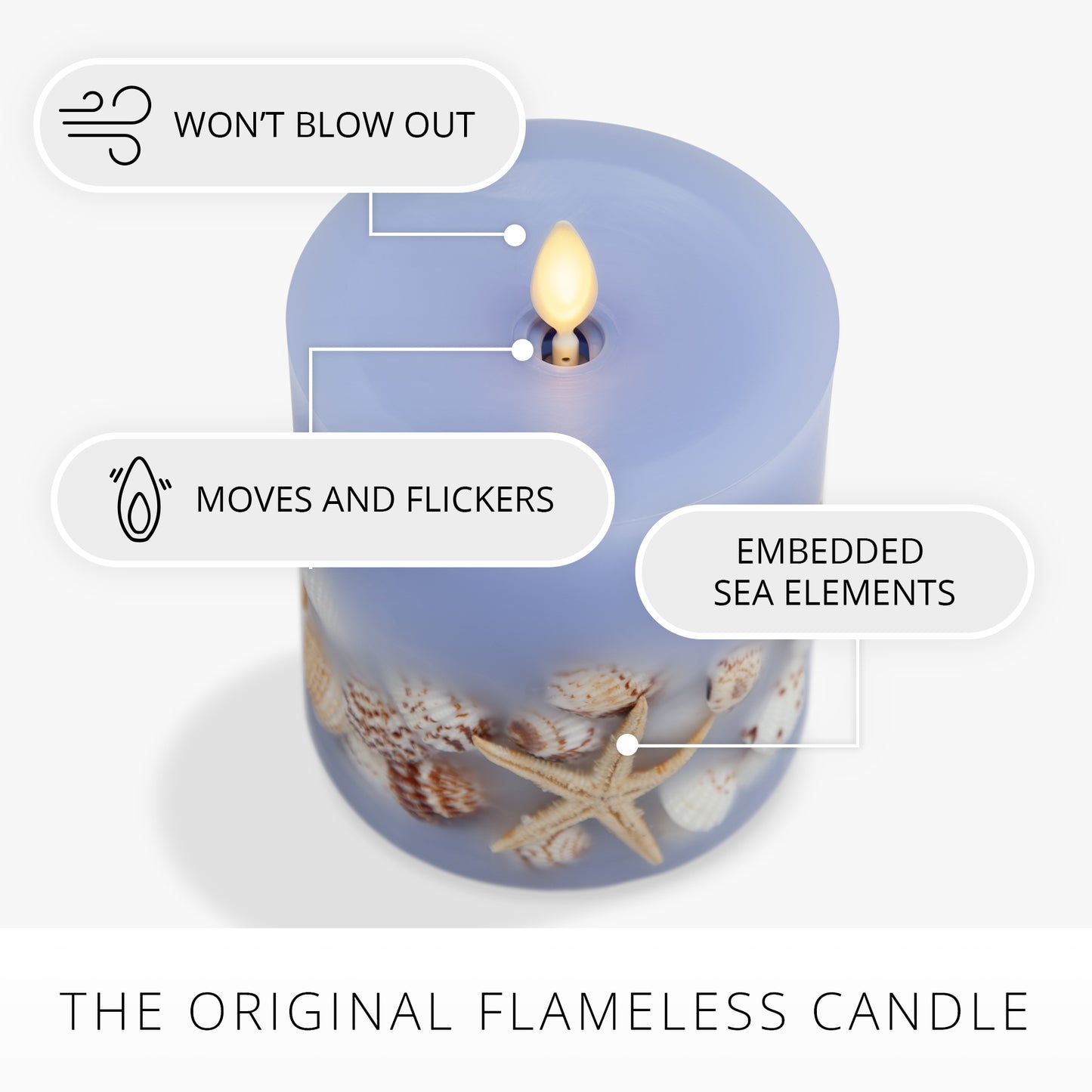 Cornflower Embedded Seashell & Starfish Flameless Candle Pillar