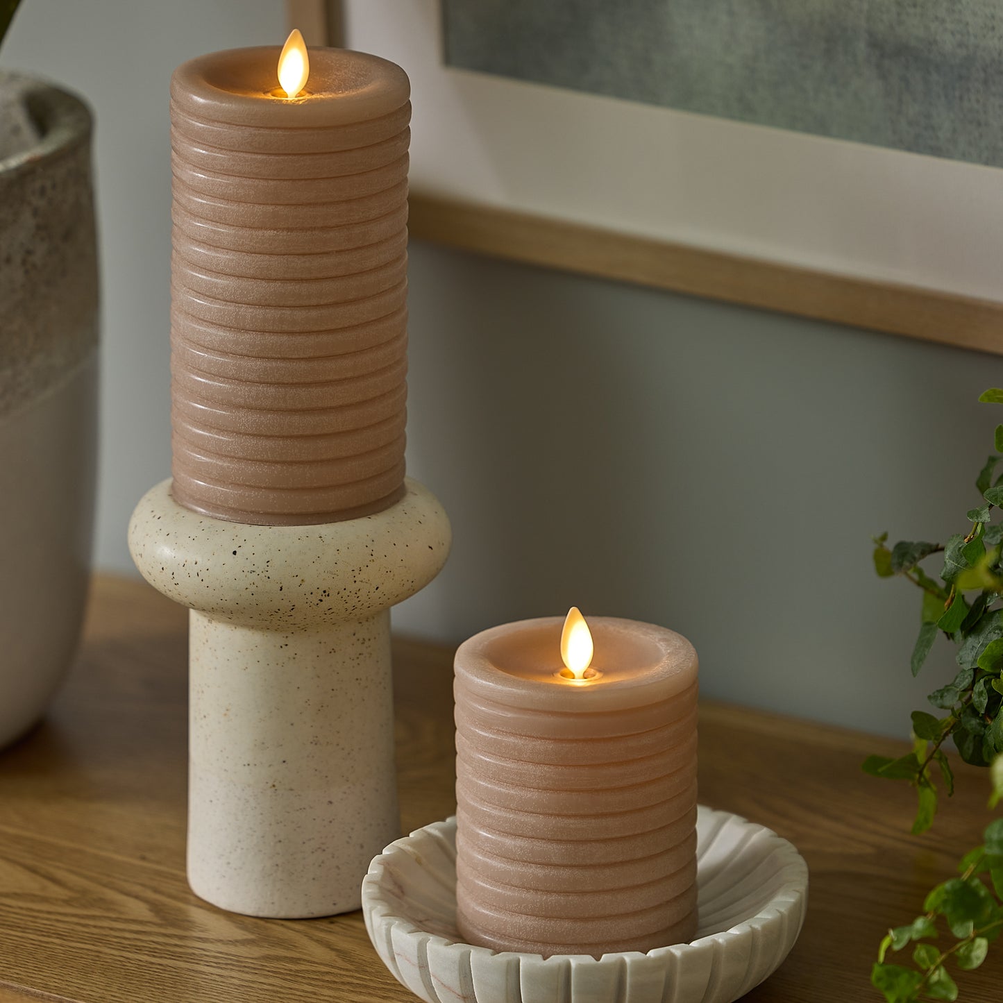 Timeless Taupe Chalky Ribbed Flameless Candle Pillar