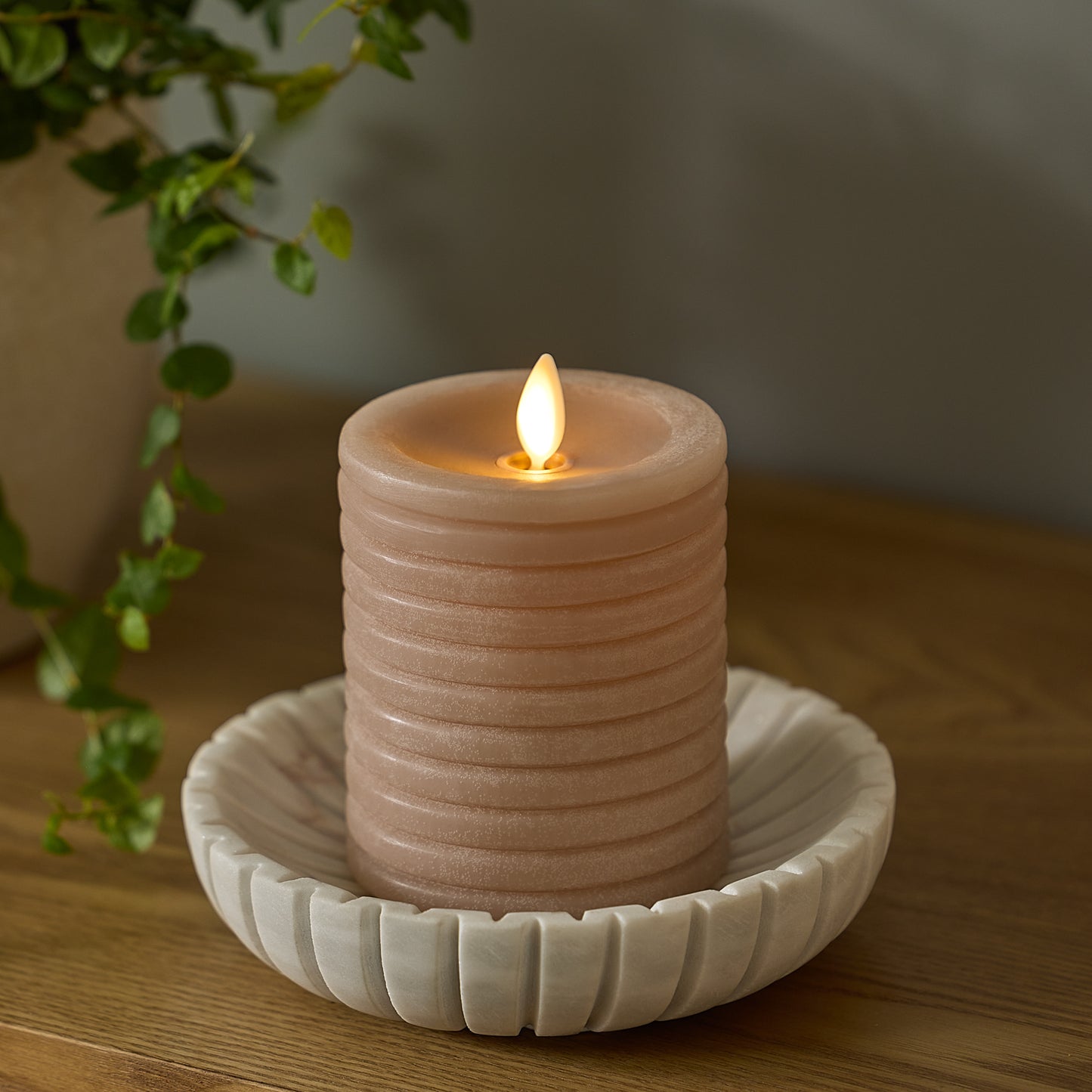 Timeless Taupe Chalky Ribbed Flameless Candle Pillar