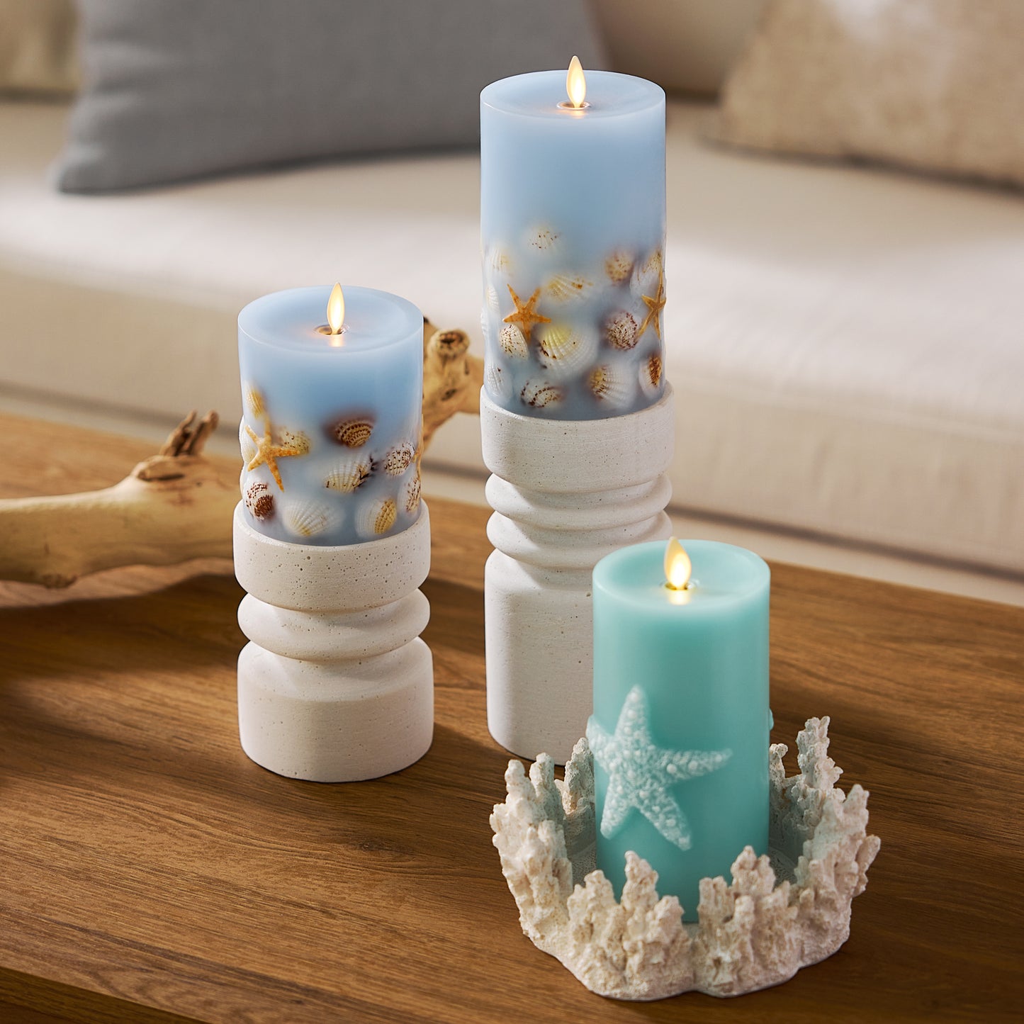 Soft Chambray Embedded Seashell & Starfish Flameless Candle Pillars