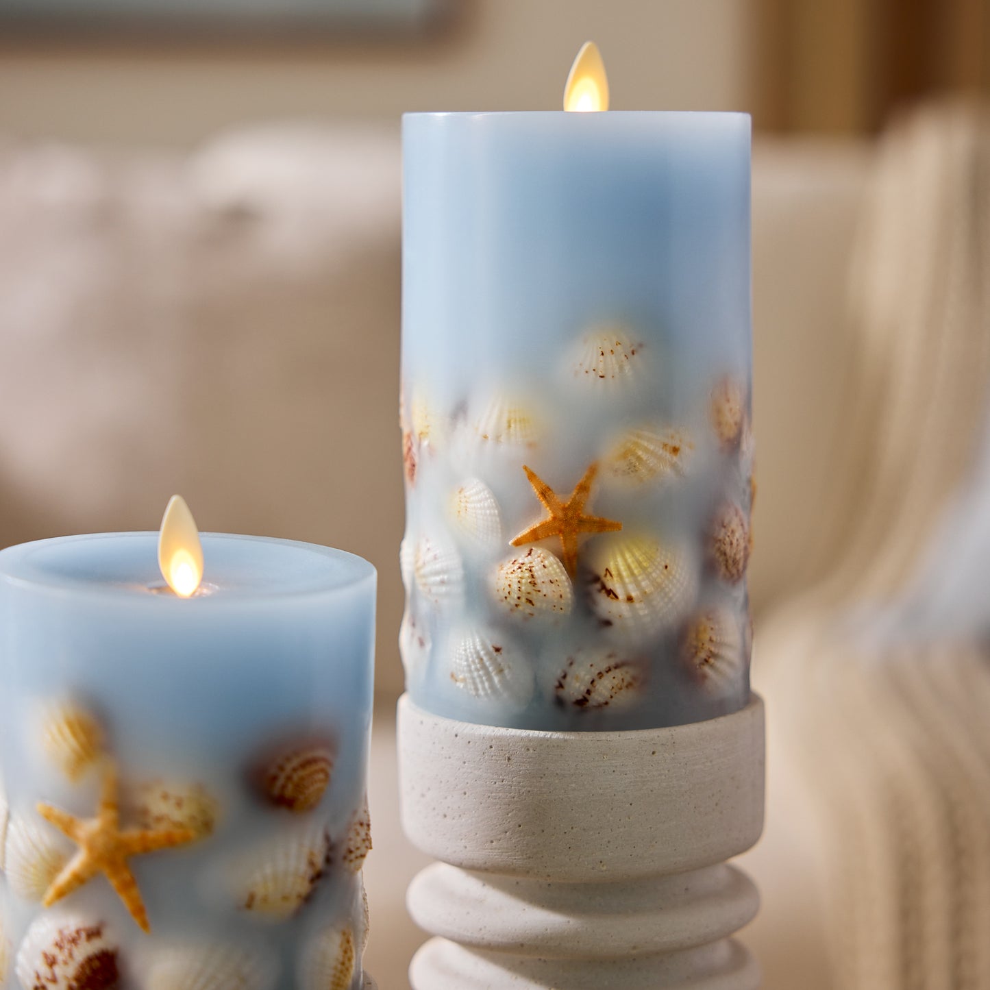 Soft Chambray Embedded Seashell & Starfish Flameless Candle Pillars