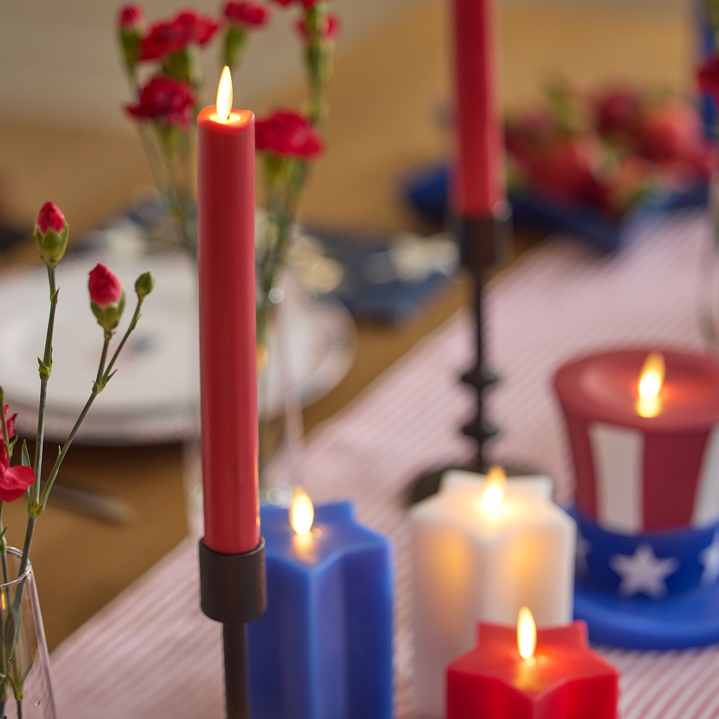 Set of 3 Red, White & Blue Star-shaped Flameless Candle Pillars