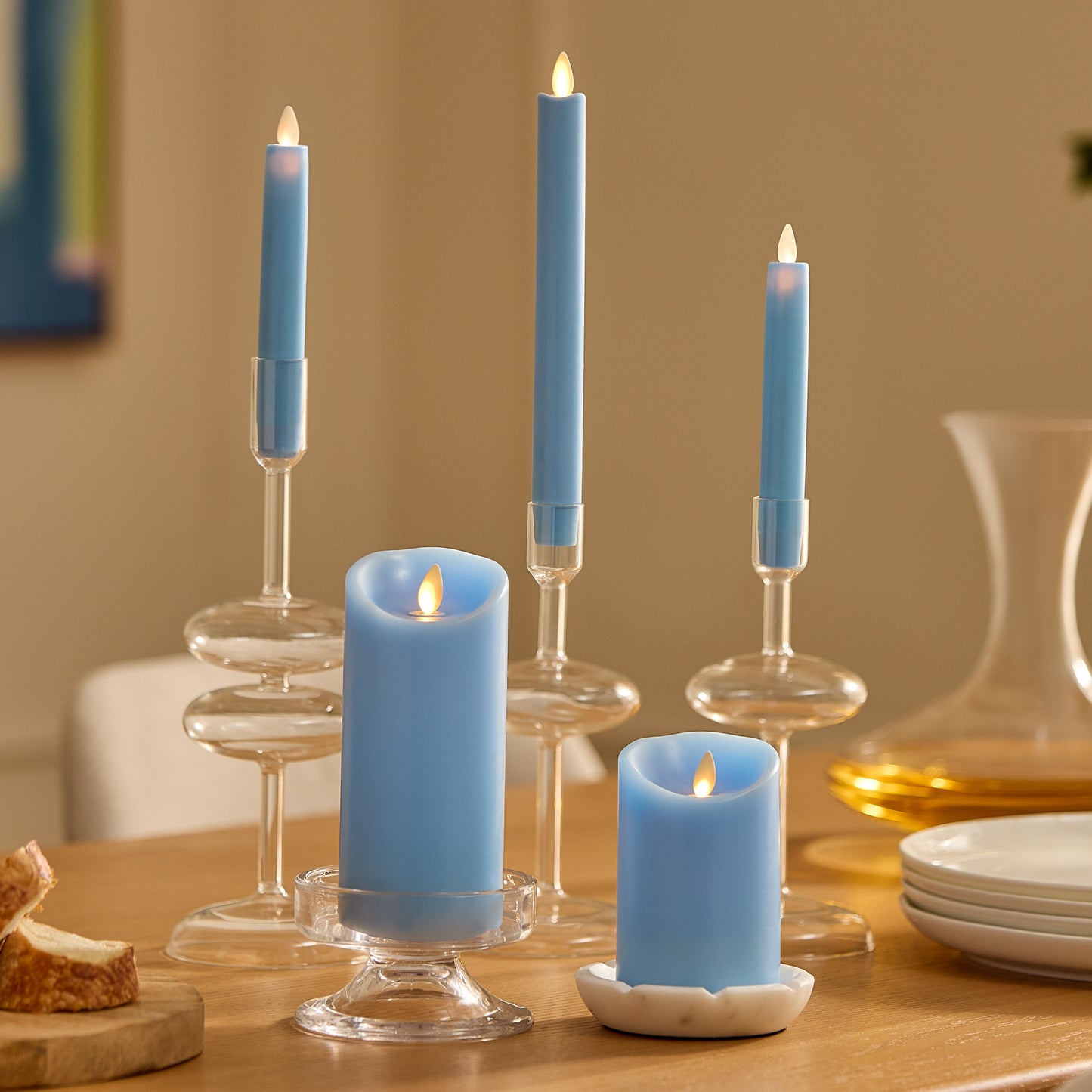 Airy Blue Flameless Candle Pillar - Scallop Top - 3" Width