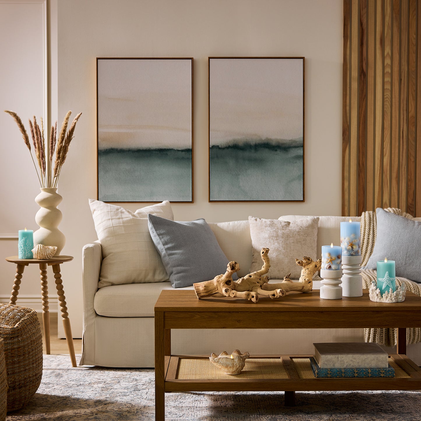 Soft Chambray Embedded Seashell & Starfish Flameless Candle Pillars