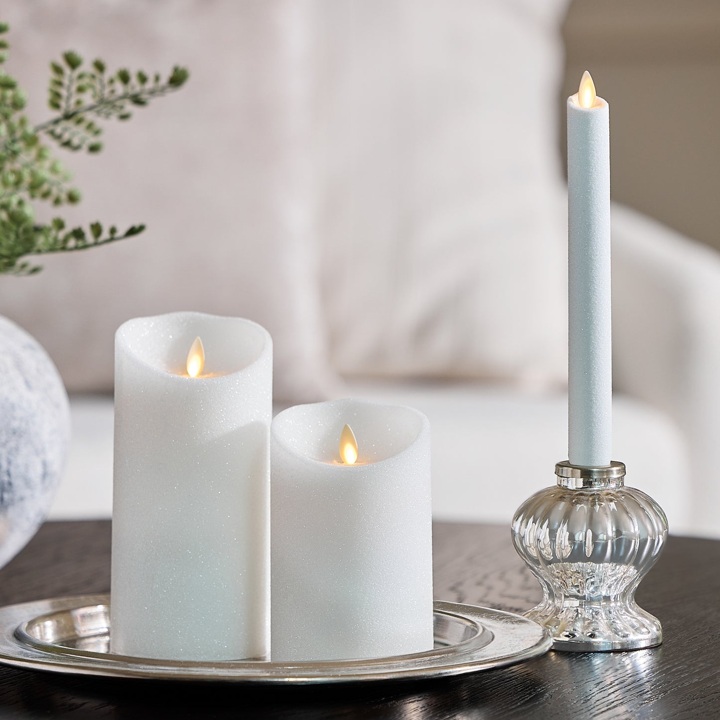 Dazzling White Glitter Flameless Candle Pillars