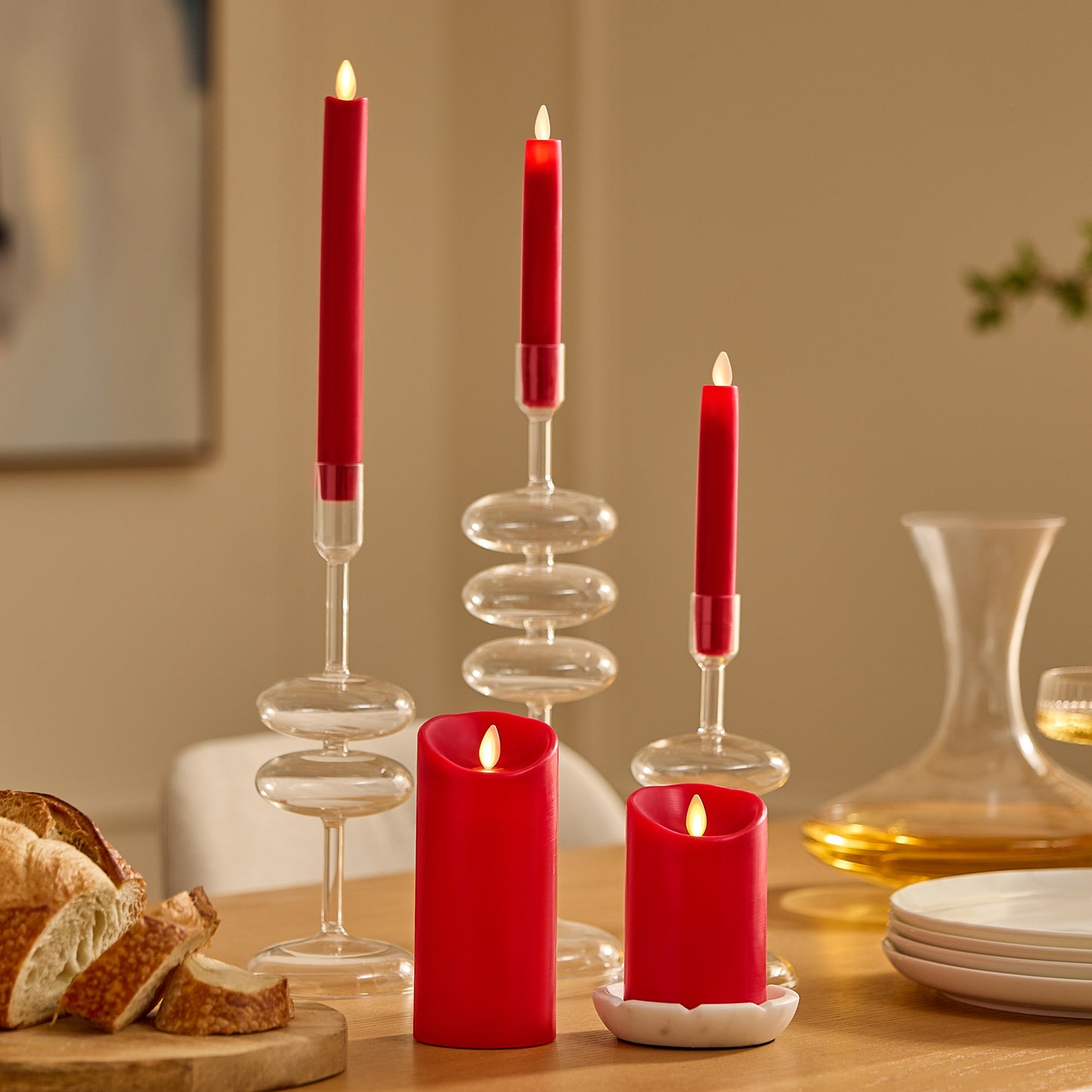 True Red Flameless Candle Pillar - Scallop Top - 3" Width