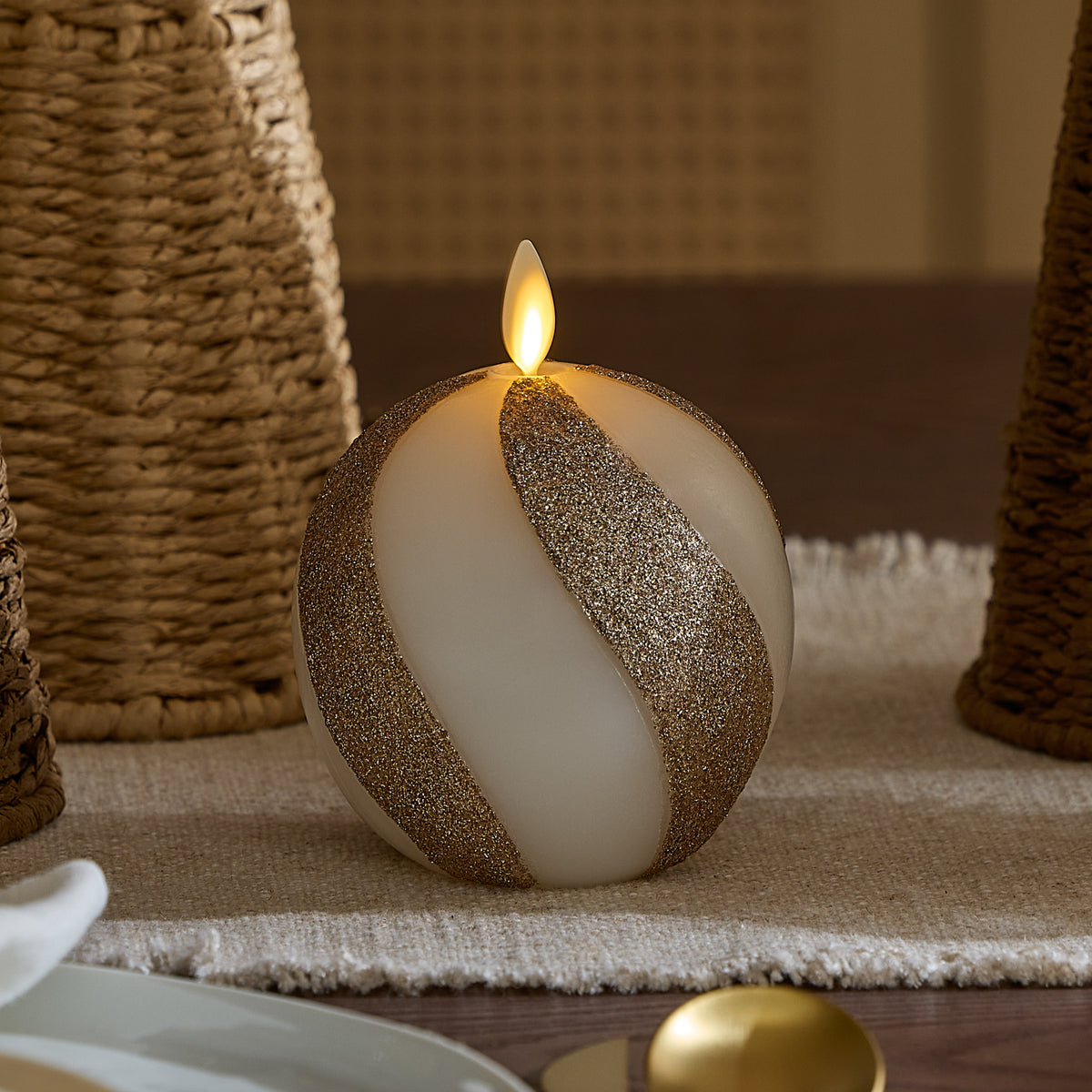 Champagne Glow Candy Cane Glitter Flameless Candle Sphere