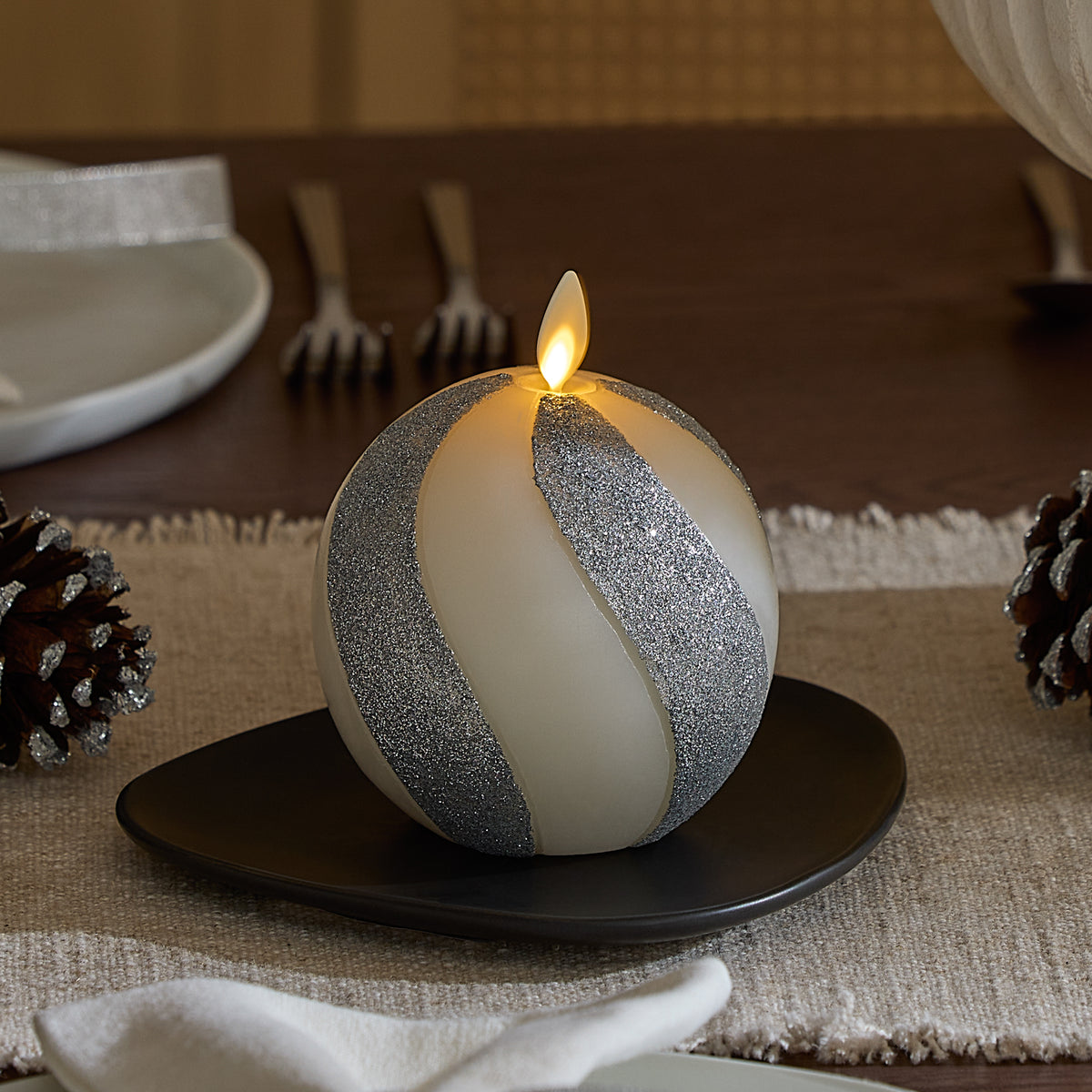 Brilliant Silver Candy Cane Glitter Flameless Candle Sphere