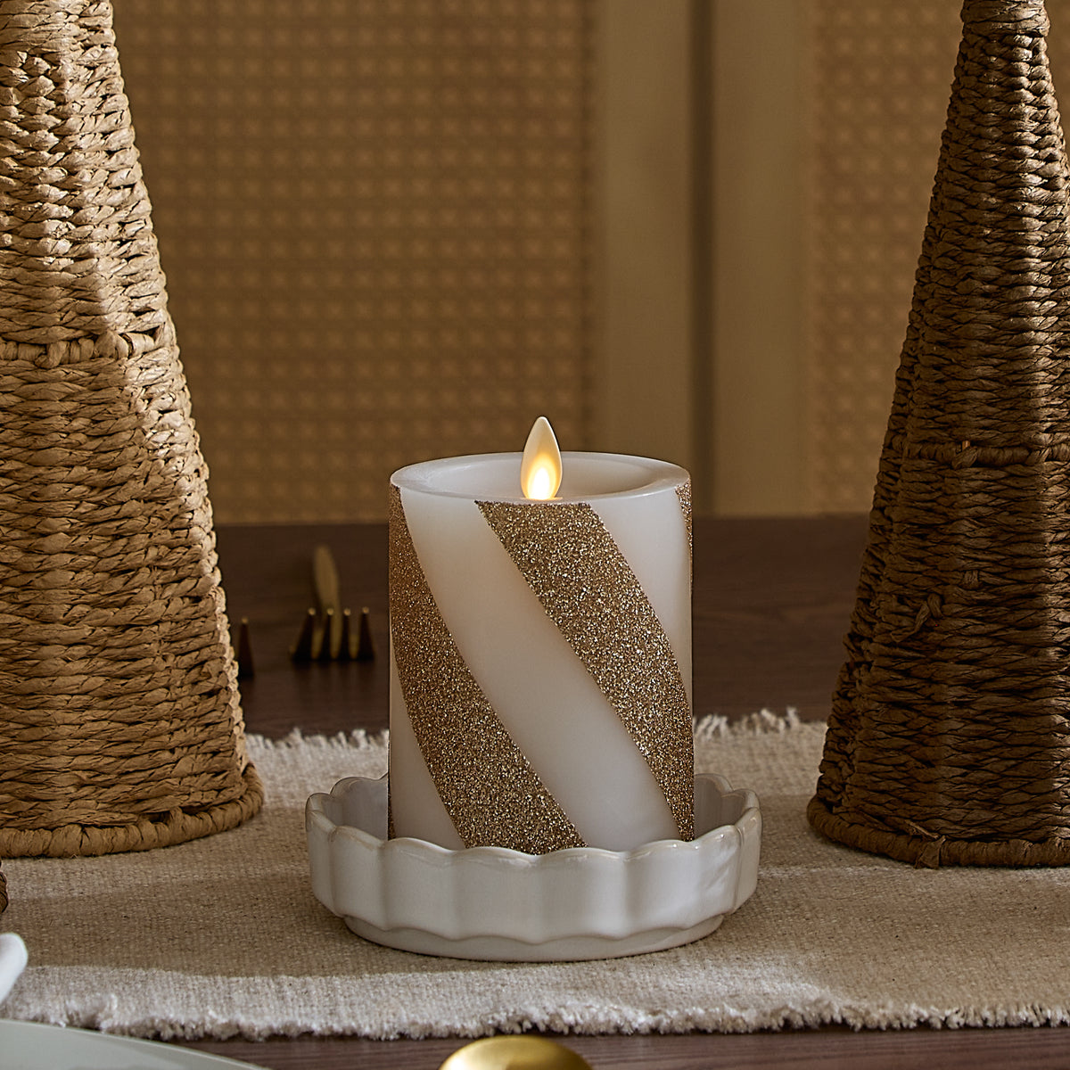 Champagne Glow Candy Cane Glitter Flameless Candle Pillar