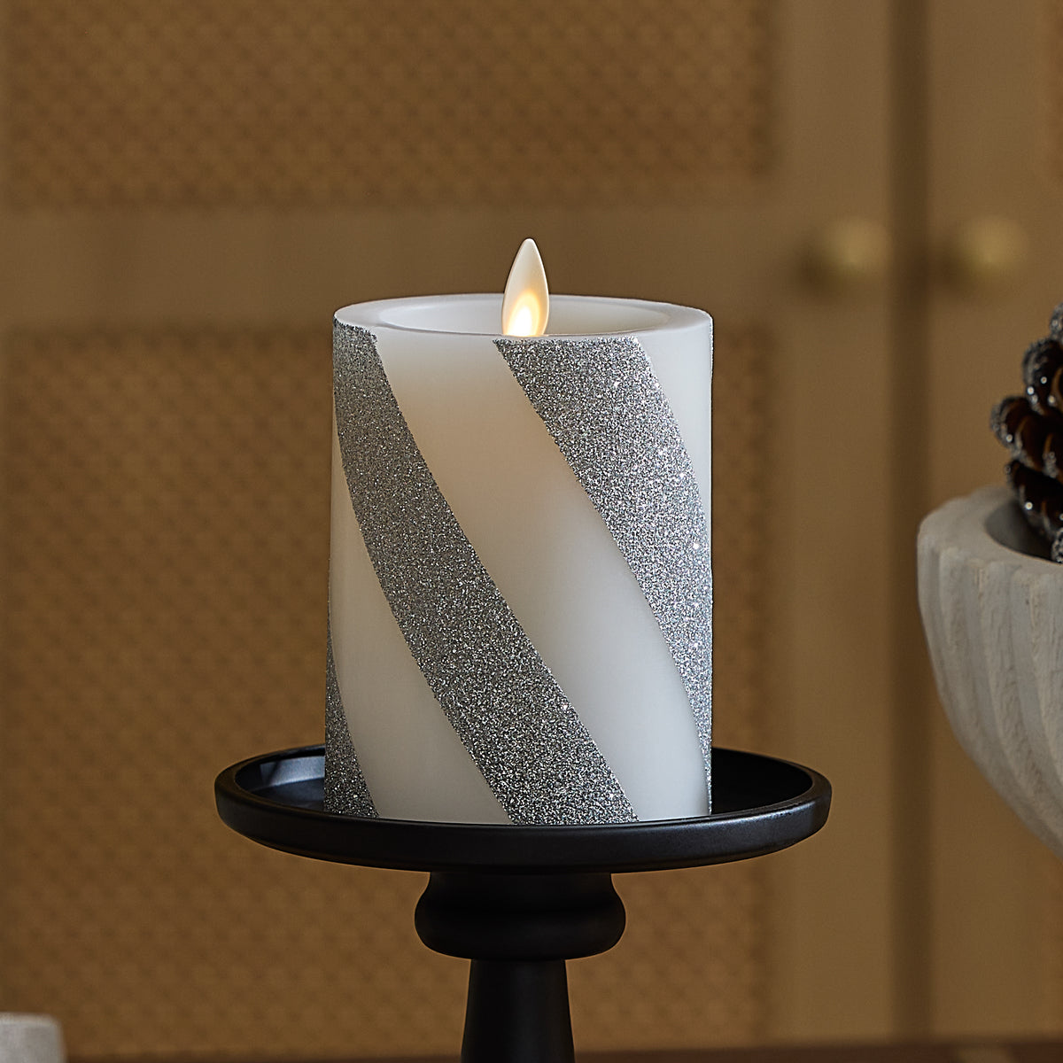 Brilliant Silver Candy Cane Glitter Flameless Candle Pillar