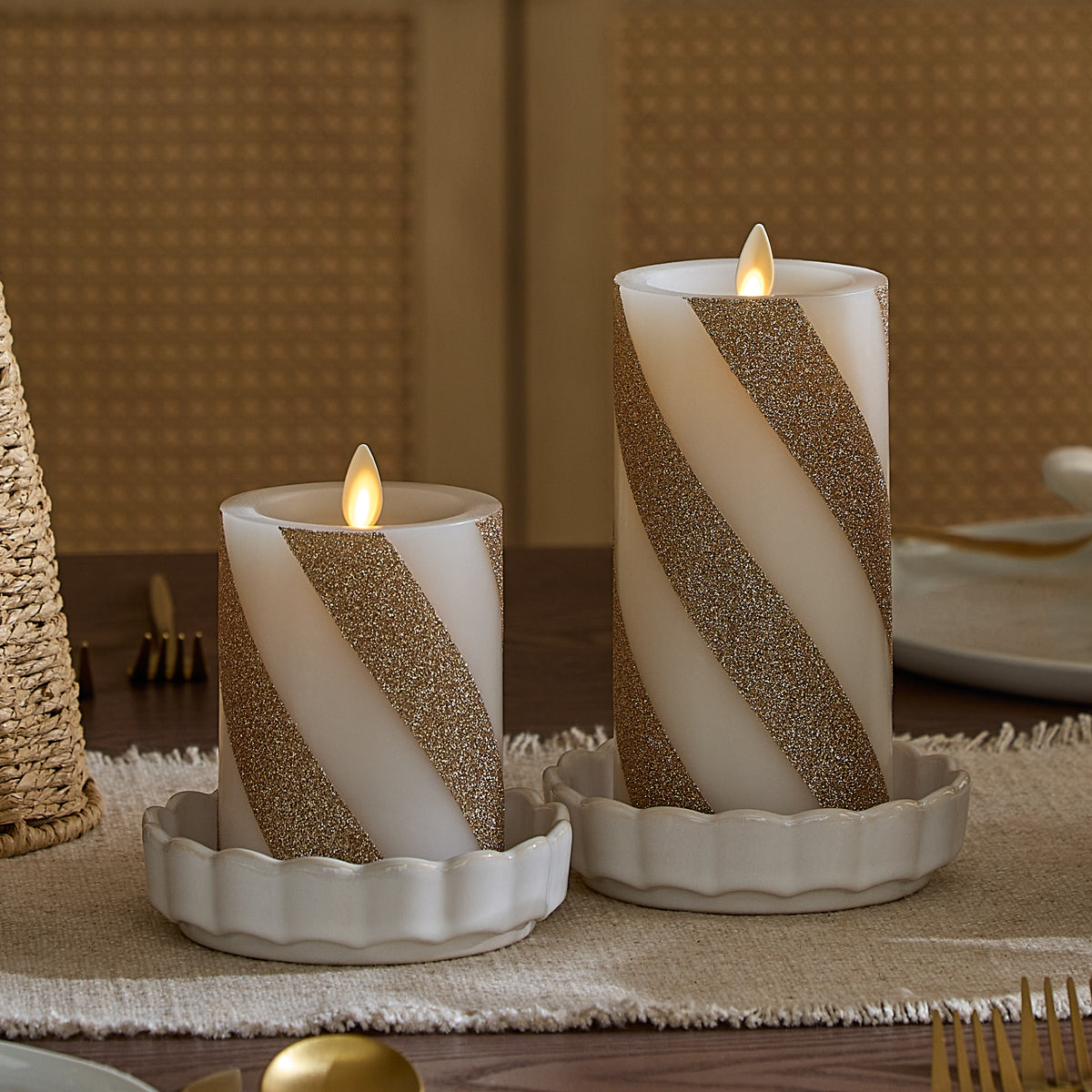 Champagne Glow Candy Cane Glitter Flameless Candle Pillar
