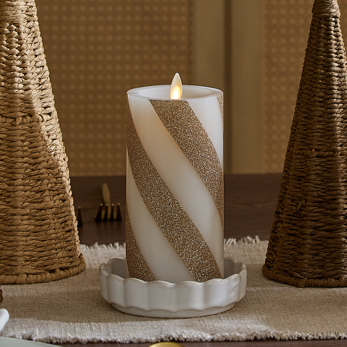 Champagne Glow Candy Cane Glitter Flameless Candle Pillar