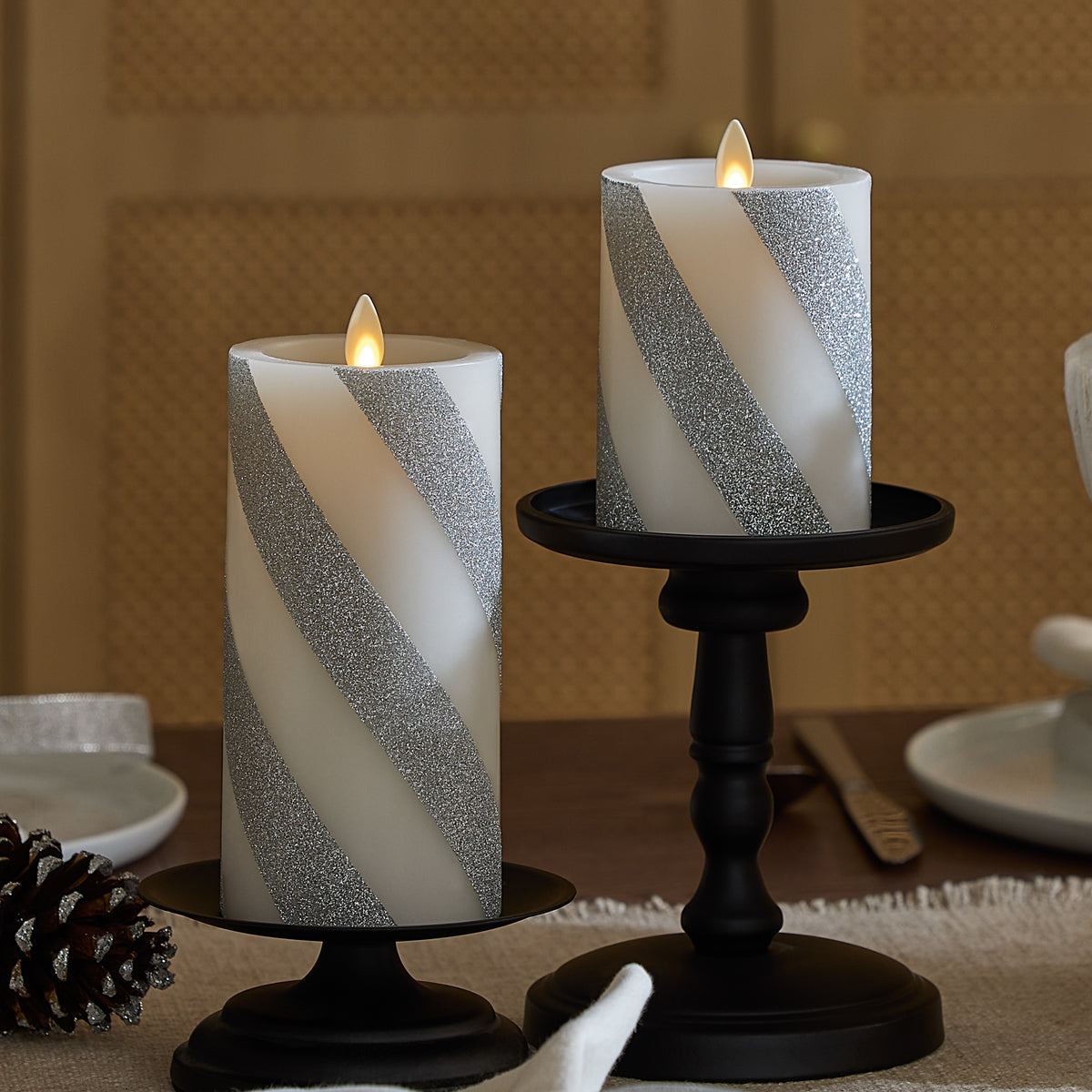 Brilliant Silver Candy Cane Glitter Flameless Candle Pillar