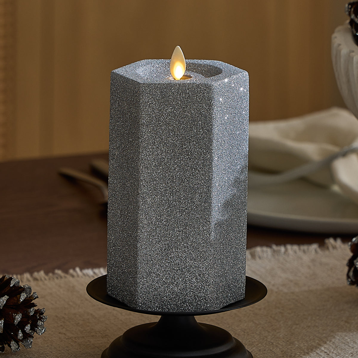 Brilliant Silver Hexagon Flameless Candle Pillar