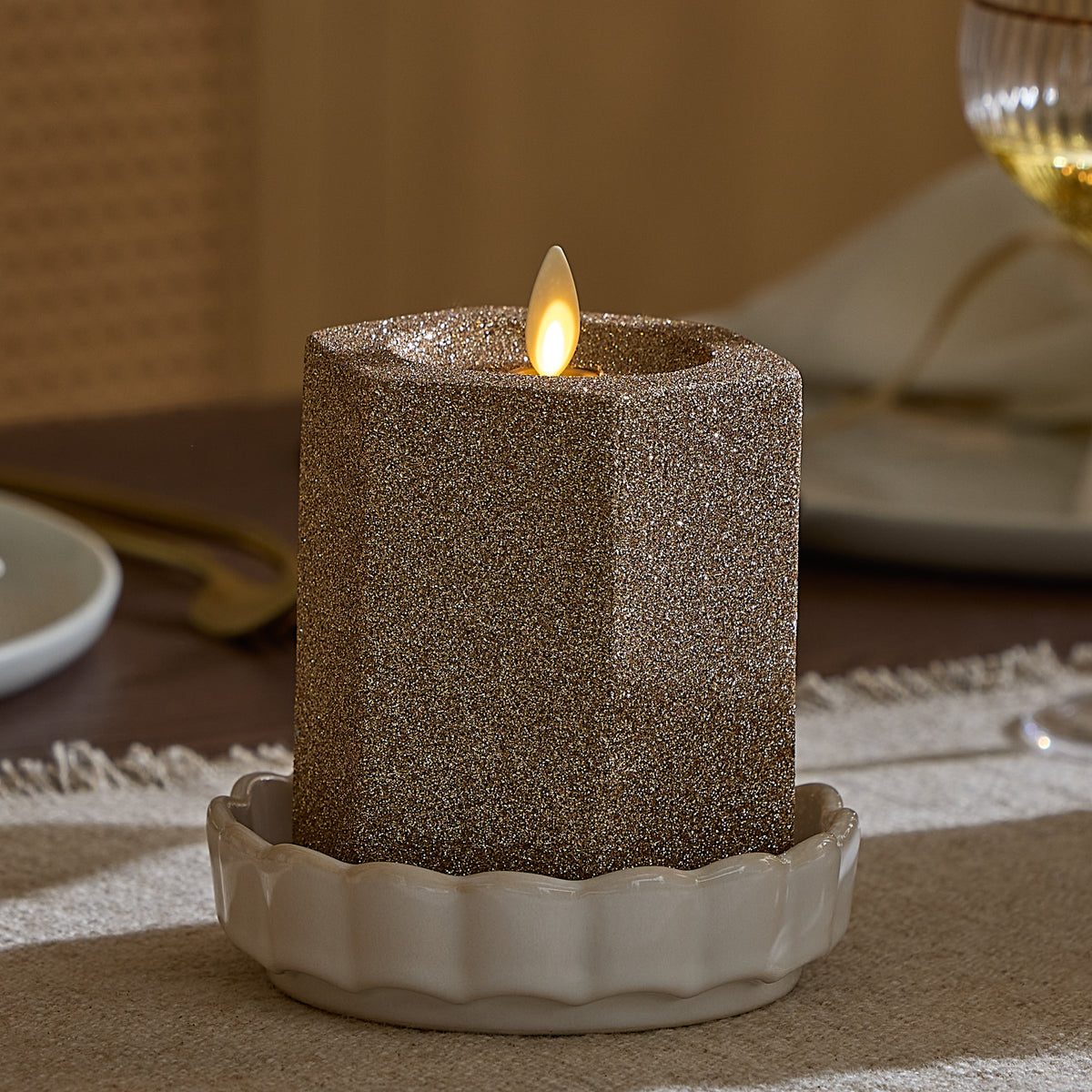 Champagne Glow Hexagon Flameless Candle Pillar