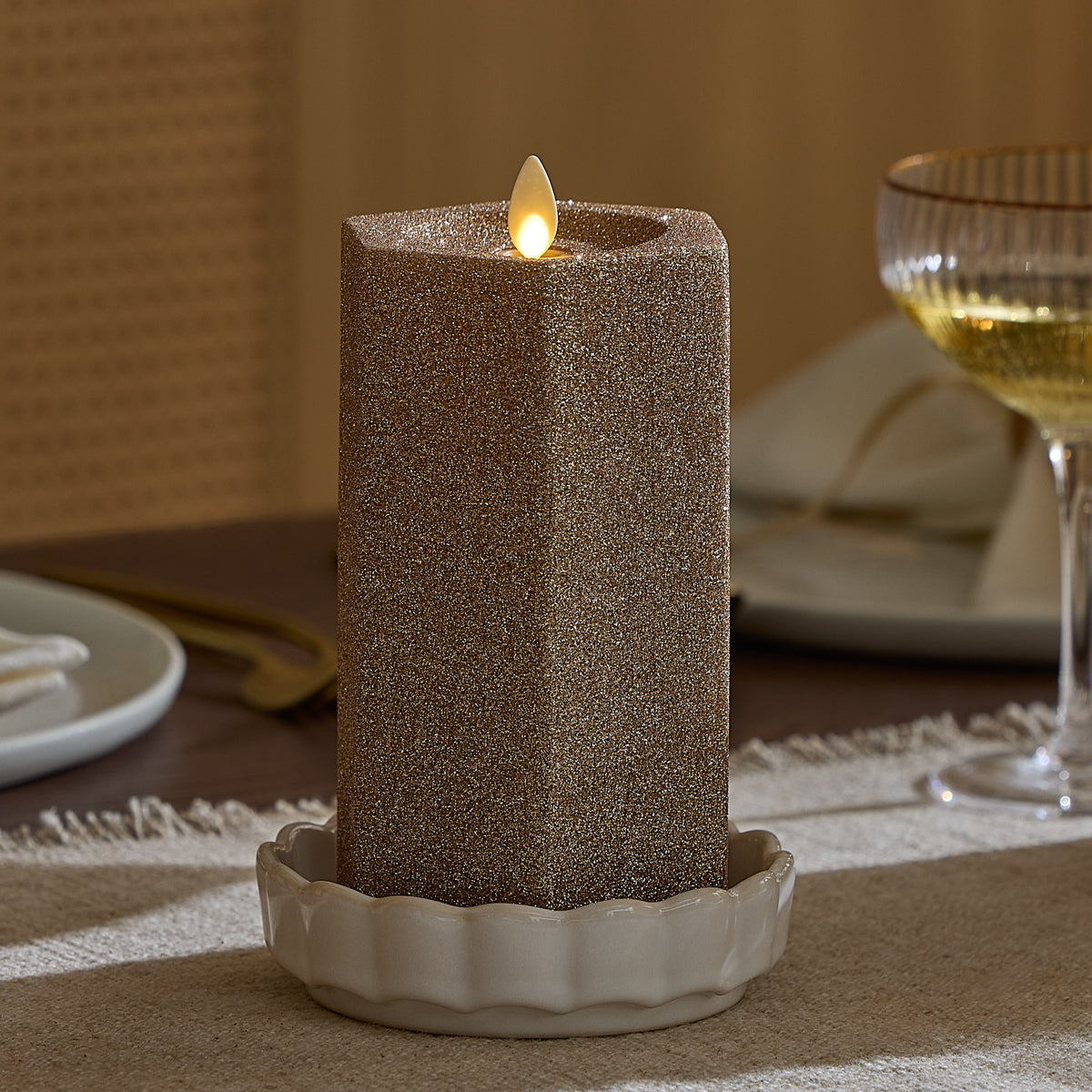 Champagne Glow Hexagon Flameless Candle Pillar