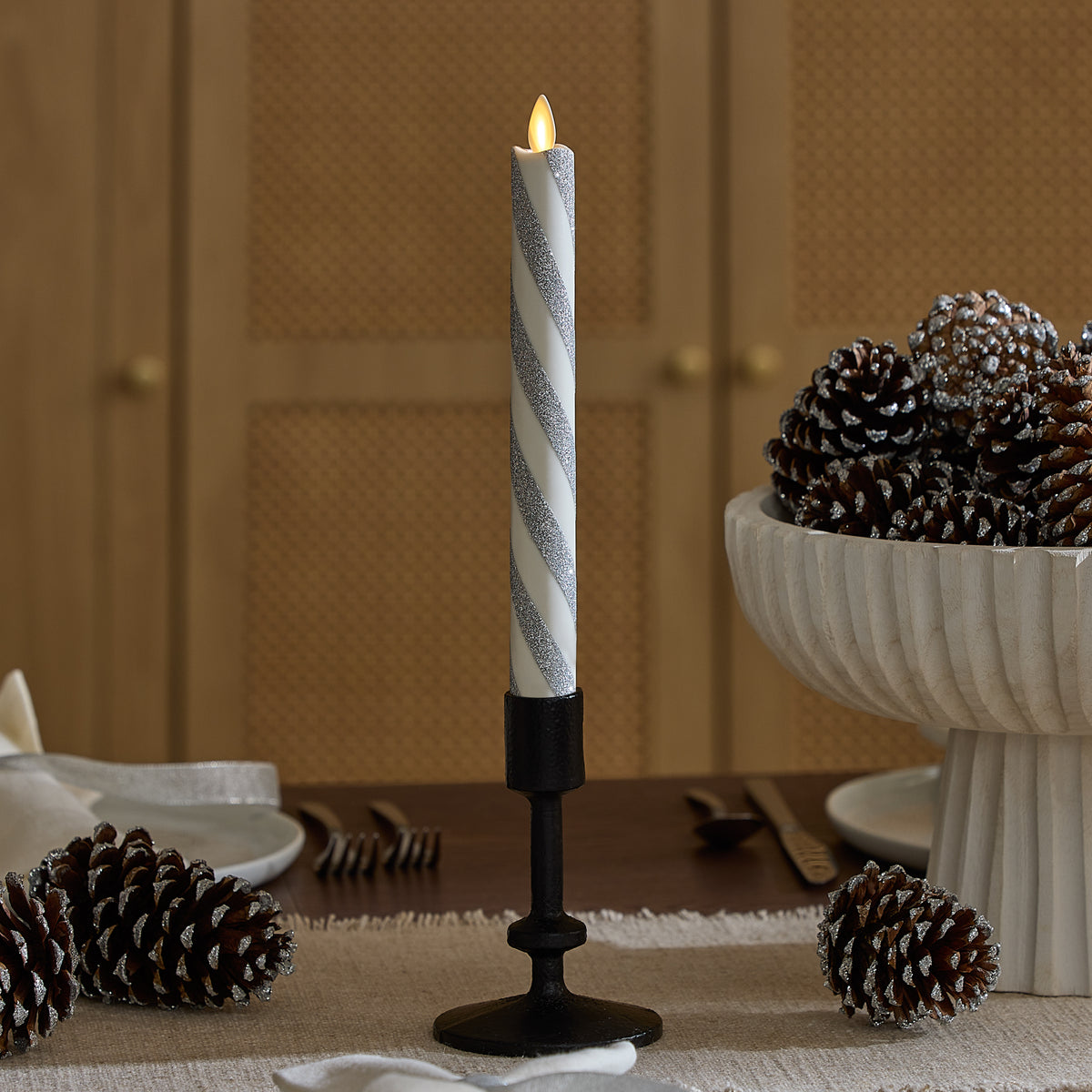 Brilliant Silver Candy Cane Glitter Flameless Candle Taper