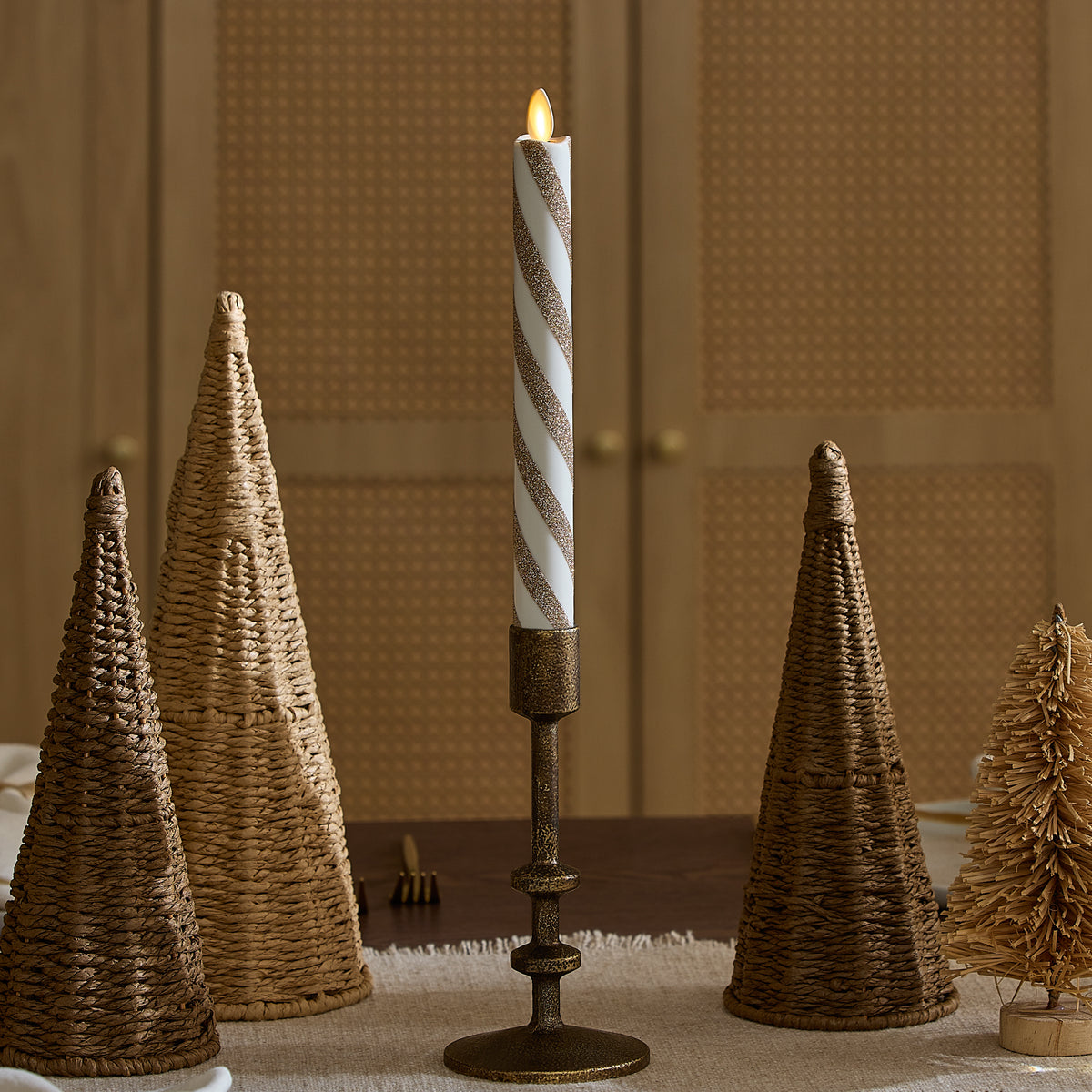 Champagne Glow Candy Cane Glitter Flameless Candle Taper
