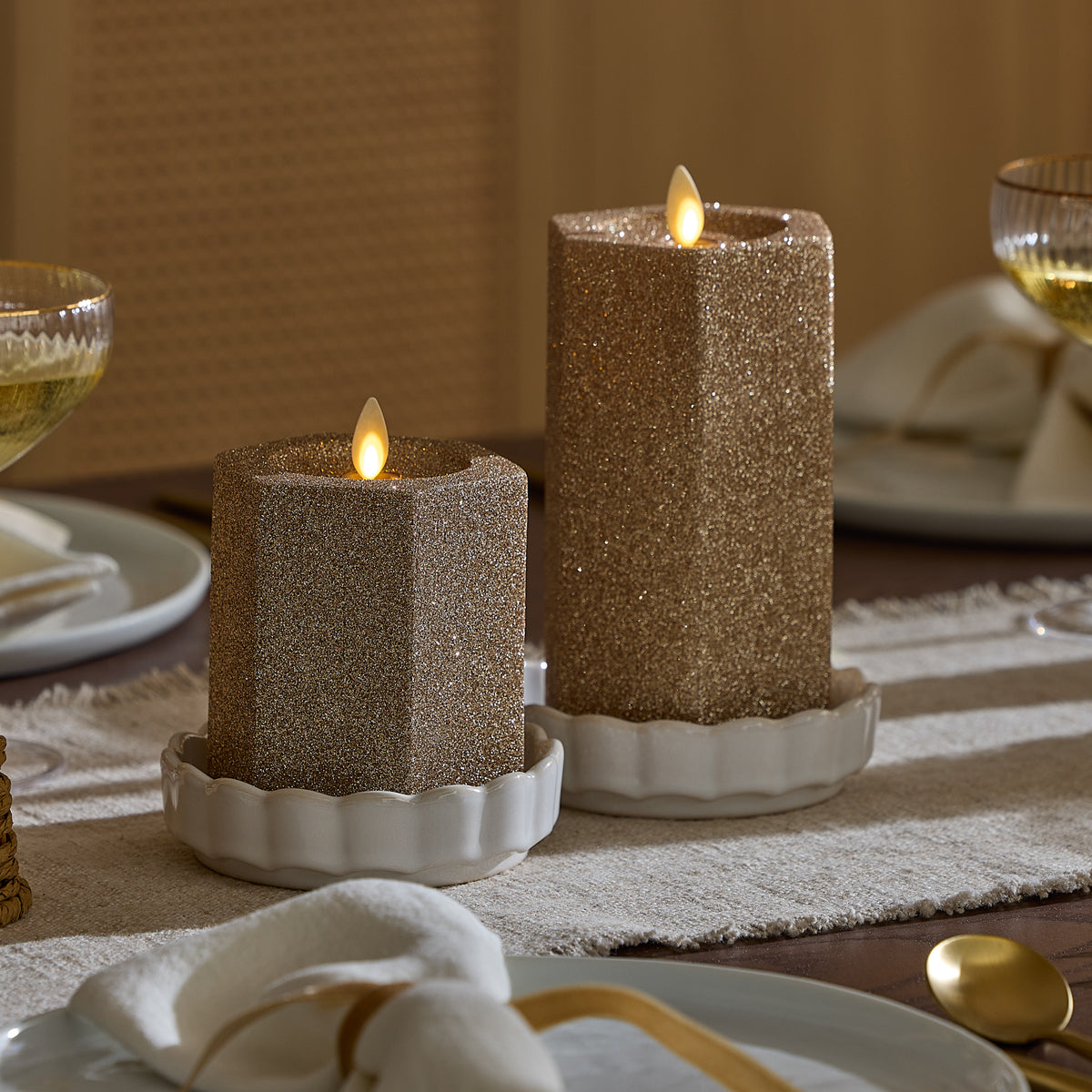 Champagne Glow Hexagon Flameless Candle Pillar