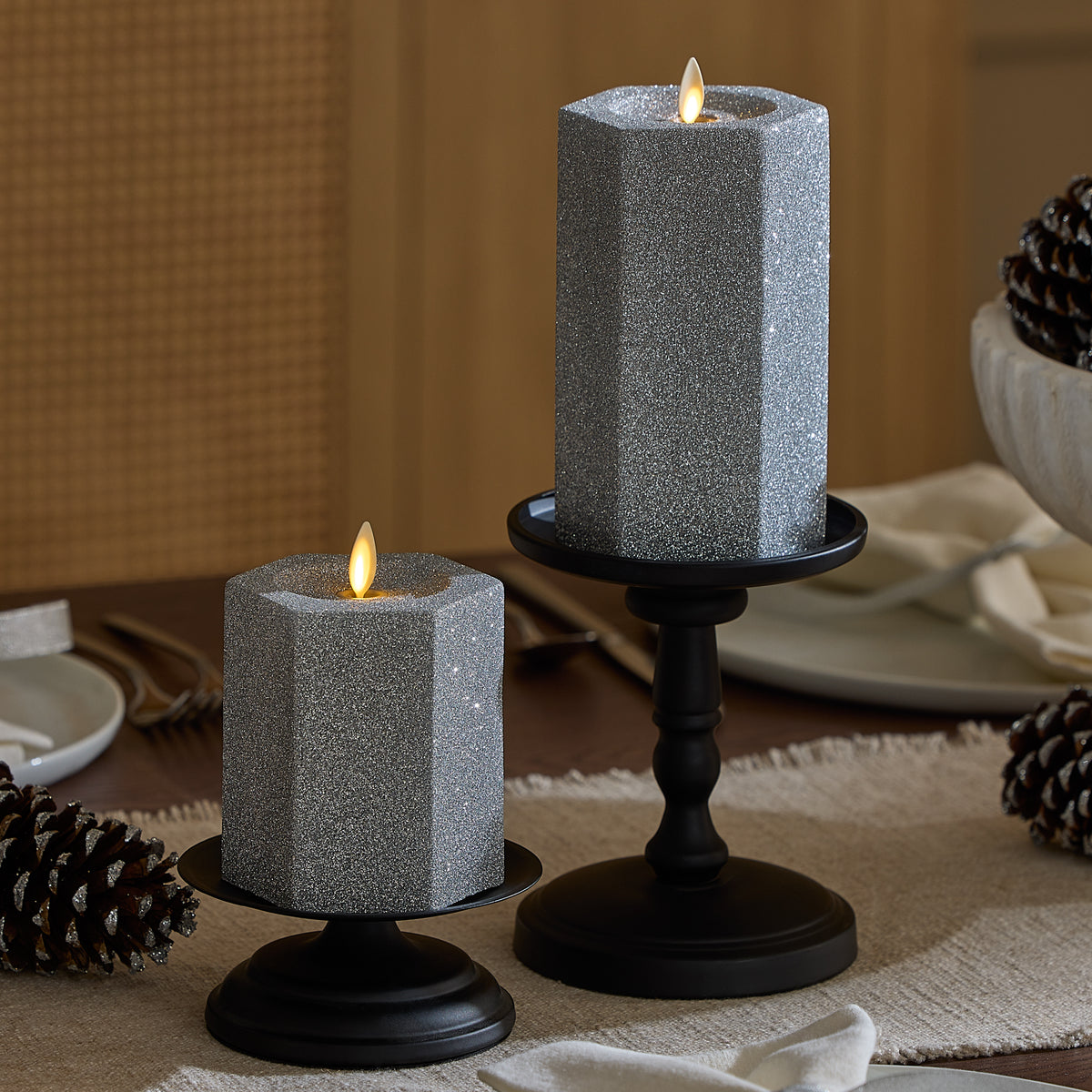 Brilliant Silver Hexagon Flameless Candle Pillar