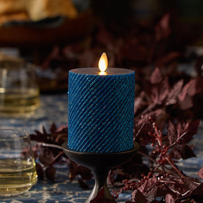 Glitter Blue Opal Ribbed Flameless Candle Pillar
