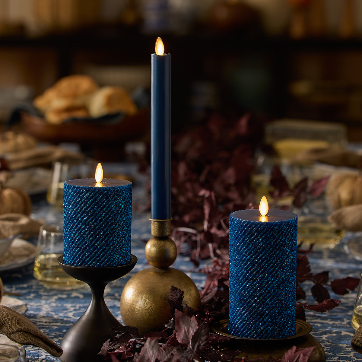 Glitter Blue Opal Ribbed Flameless Candle Pillar