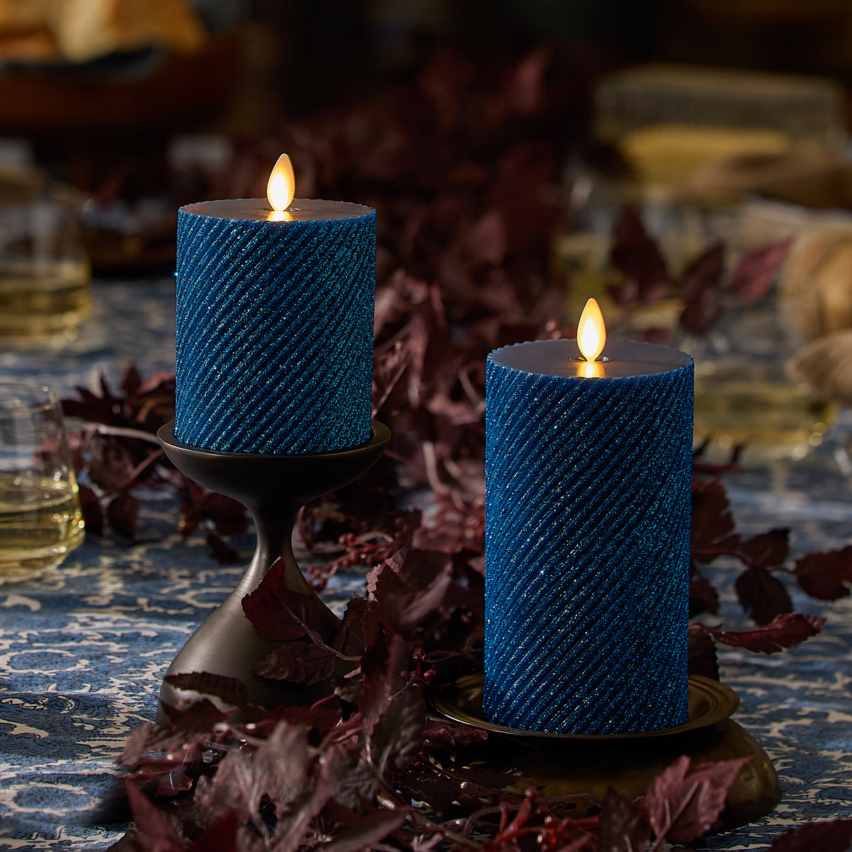Glitter Blue Opal Ribbed Flameless Candle Pillar