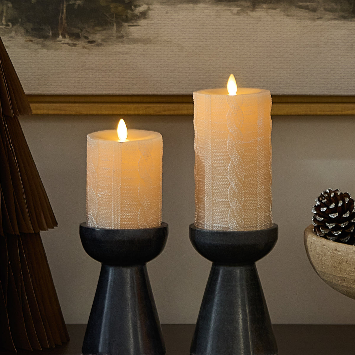 White Swan Sweater Knit Flameless Candle Pillar