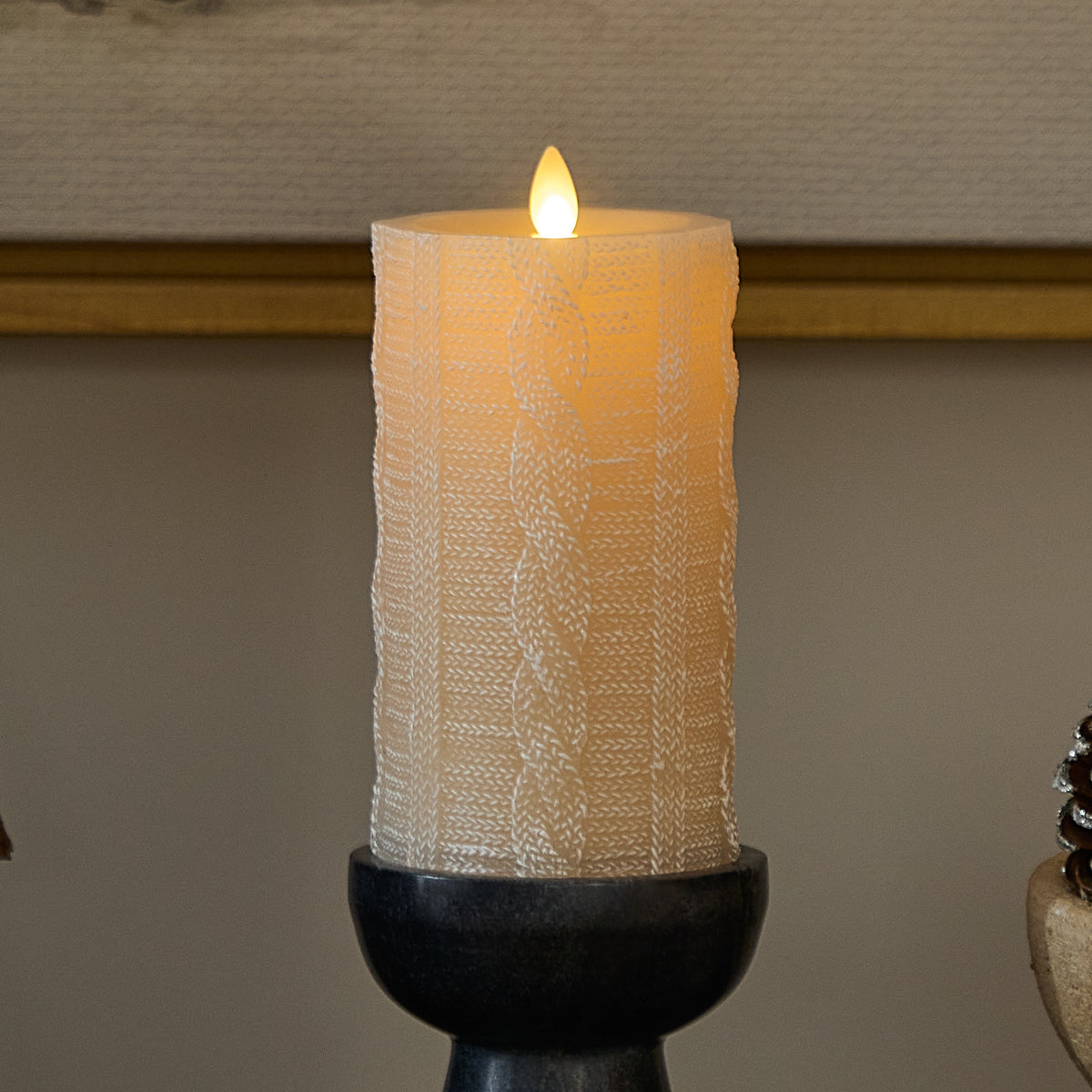 White Swan Sweater Knit Flameless Candle Pillar