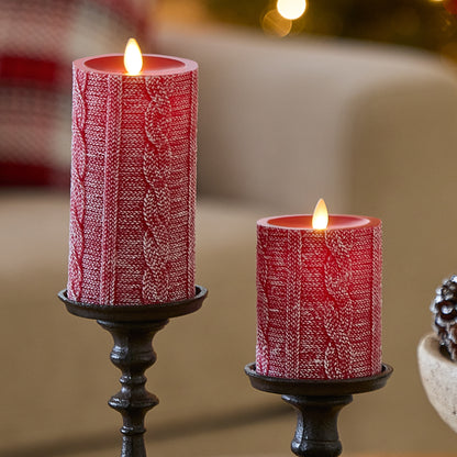 Holiday Red Sweater Knit Flameless Candle Pillar