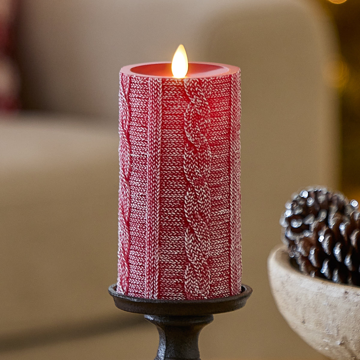 Holiday Red Sweater Knit Flameless Candle Pillar